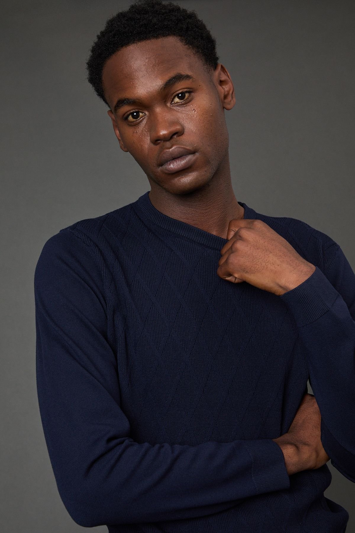 Burton Burton Men's Navy Diamond Jacquard Crew Neck Jumper - 4