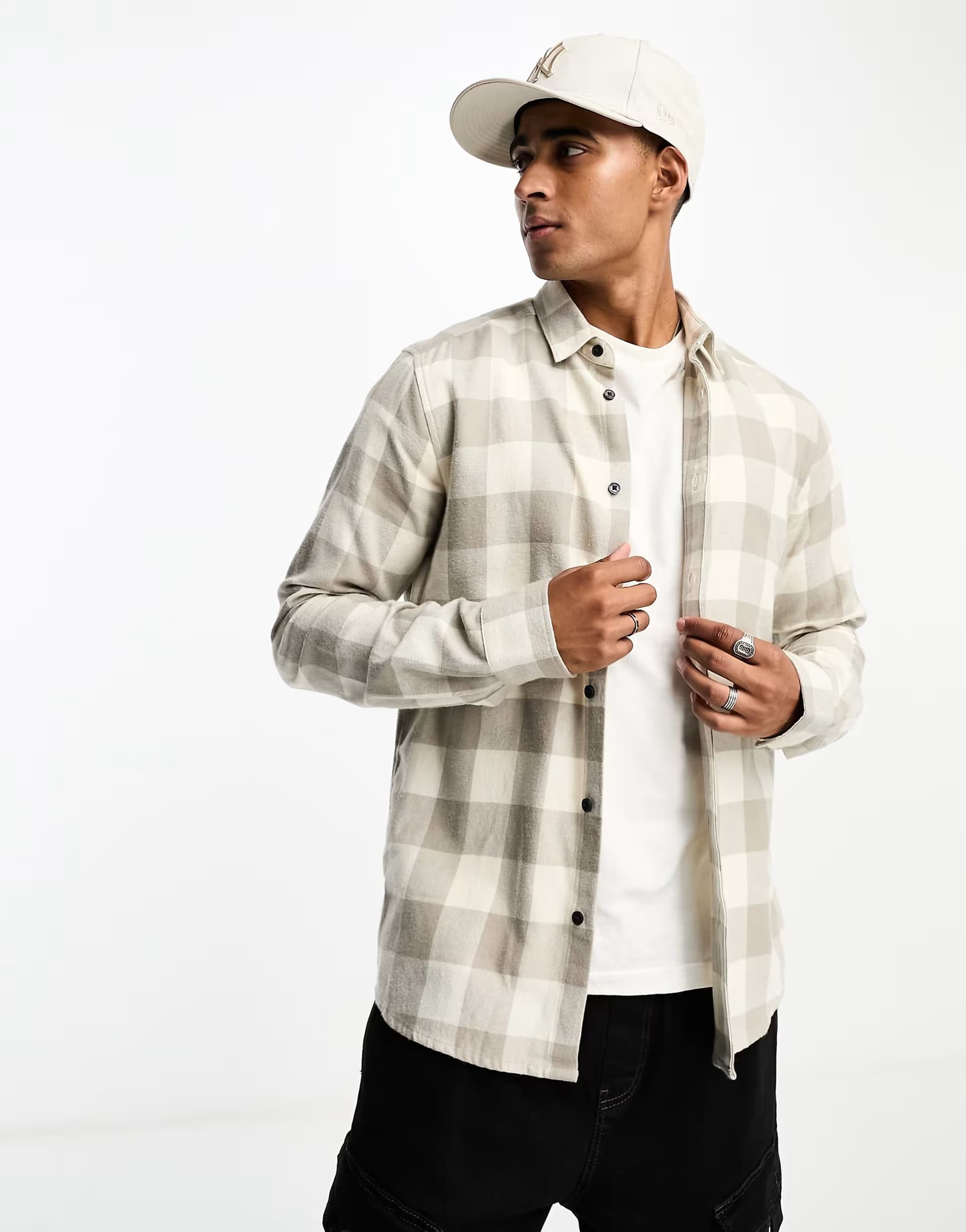 ASOS ONLY & SONS buffalo check shirt in ecru and beige