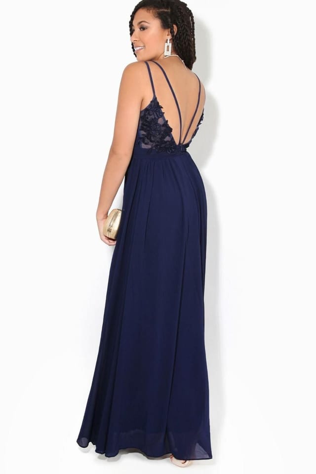 KRISP KRISP Women's Crochet Back Strappy Chiffon Maxi Dress in Navy - 3