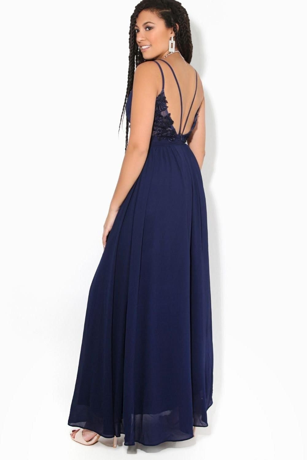 KRISP KRISP Women's Crochet Back Strappy Chiffon Maxi Dress in Navy - 4
