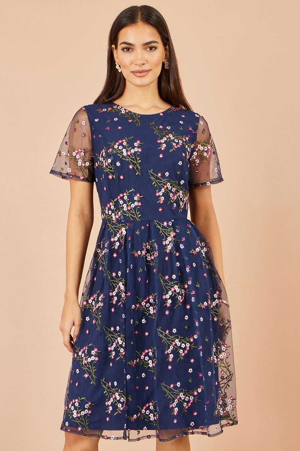Yumi Yumi Women's Embroidered Floral Mesh Prom Dress in Navy