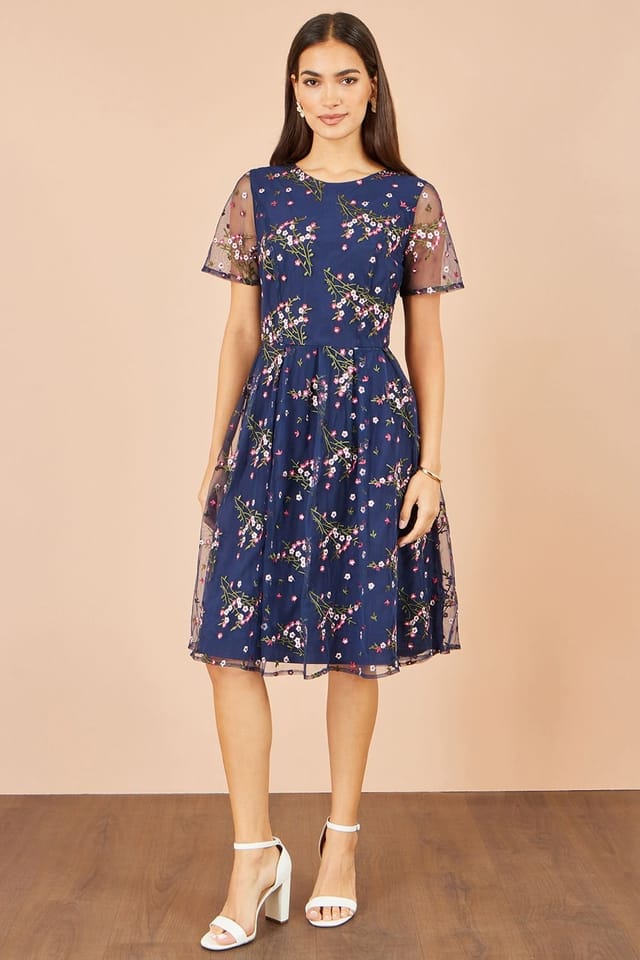 Yumi Yumi Women's Embroidered Floral Mesh Prom Dress in Navy - 2