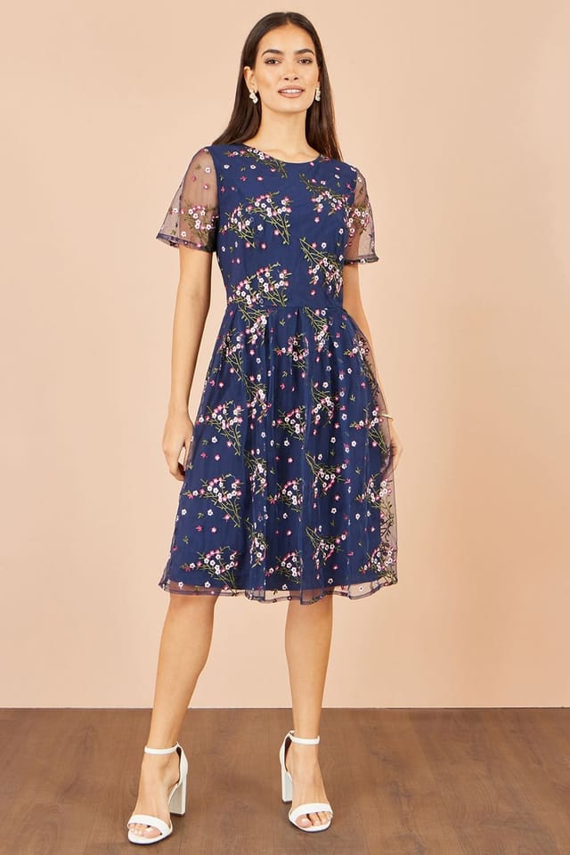 Yumi Yumi Women's Embroidered Floral Mesh Prom Dress in Navy - 3