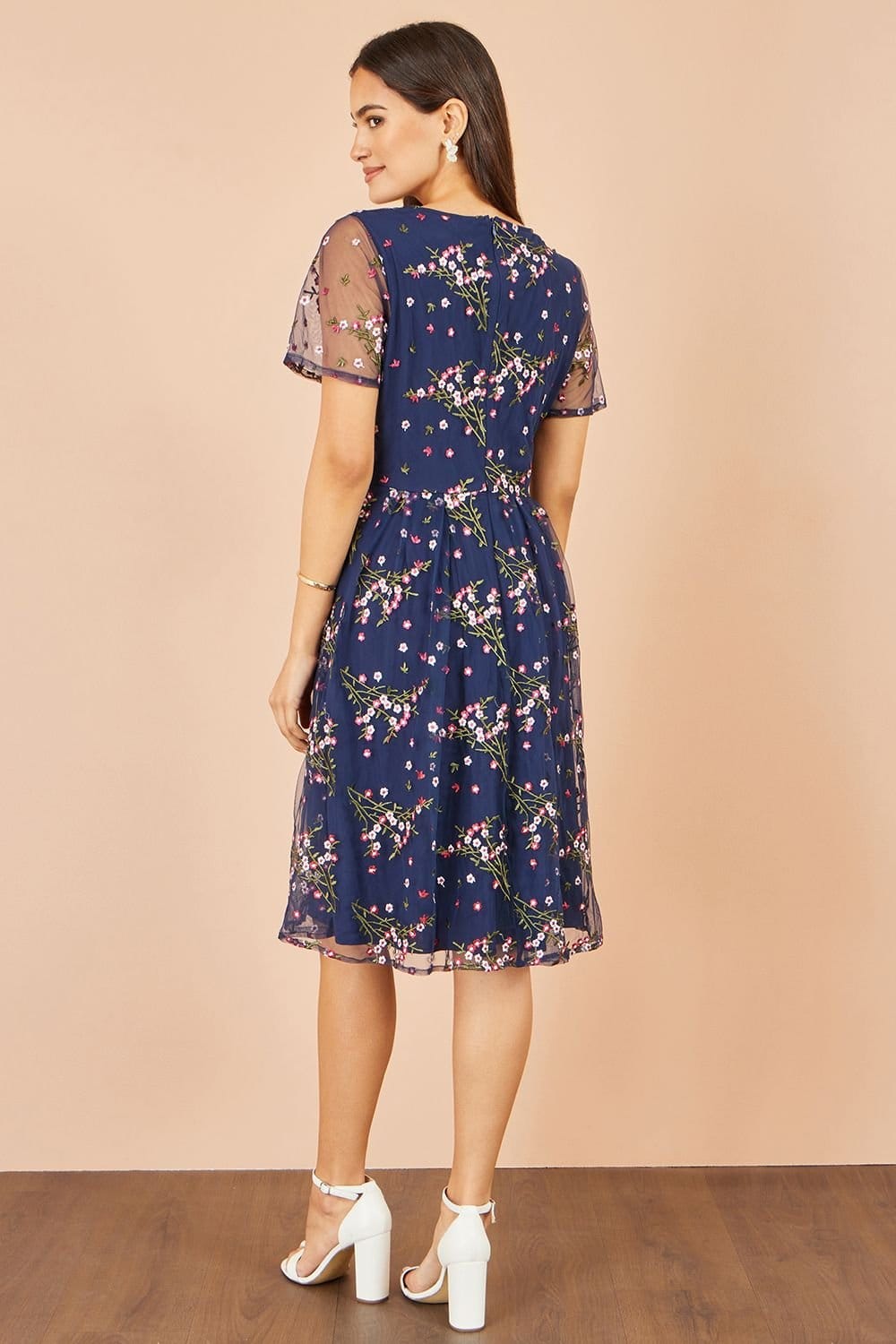 Yumi Yumi Women's Embroidered Floral Mesh Prom Dress in Navy - 4