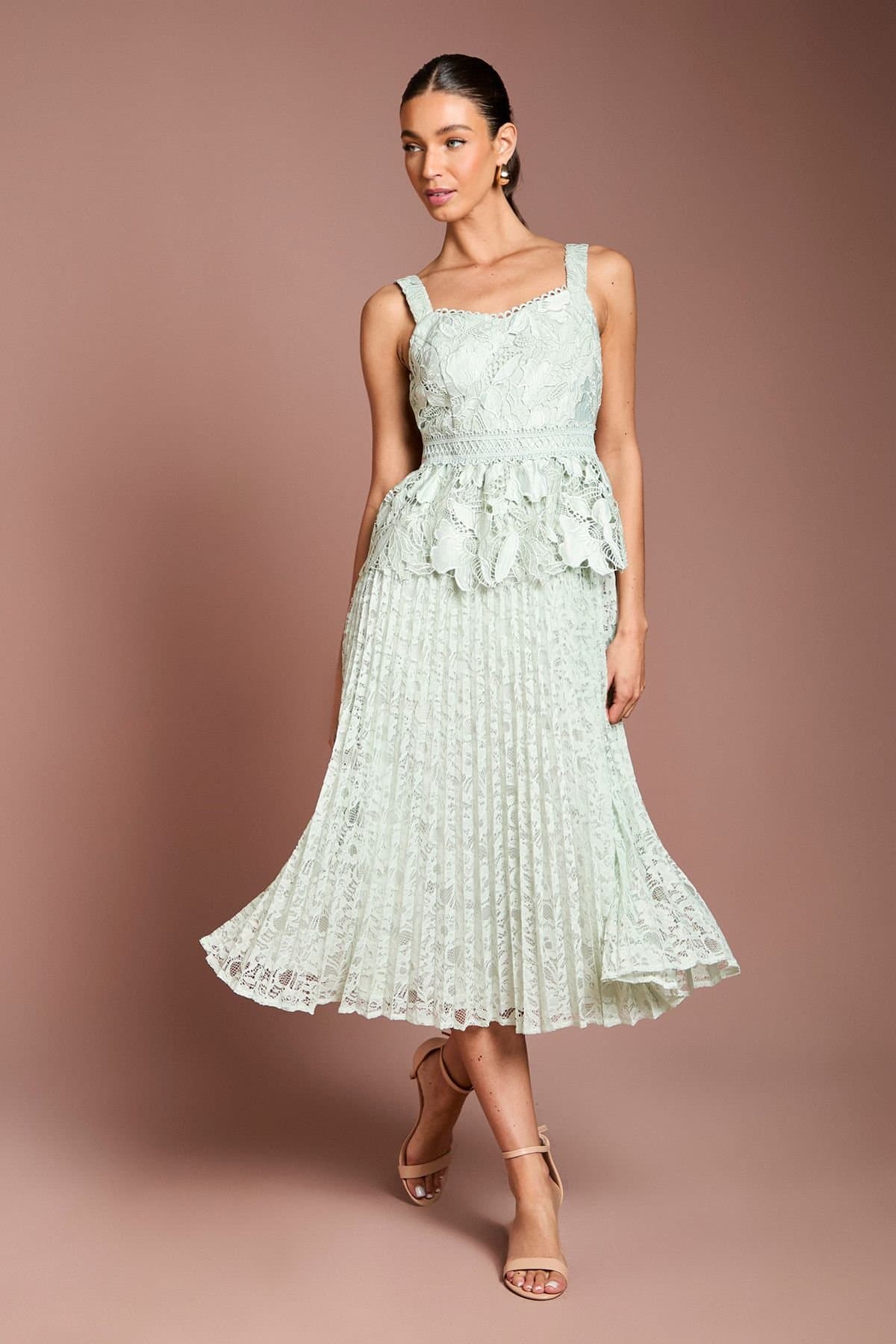 Coast Coast Women's Lace Peplum Detail Pleated Midi Dress in Sage