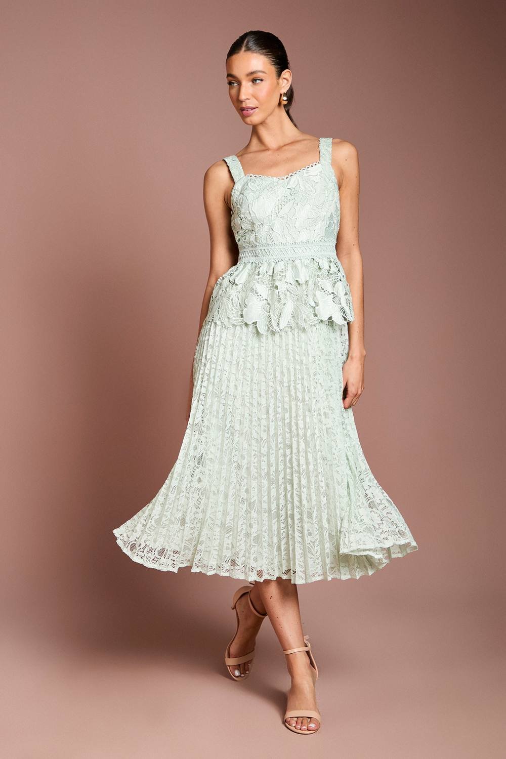 Coast Coast Women's Lace Peplum Detail Pleated Midi Dress in Sage - 2