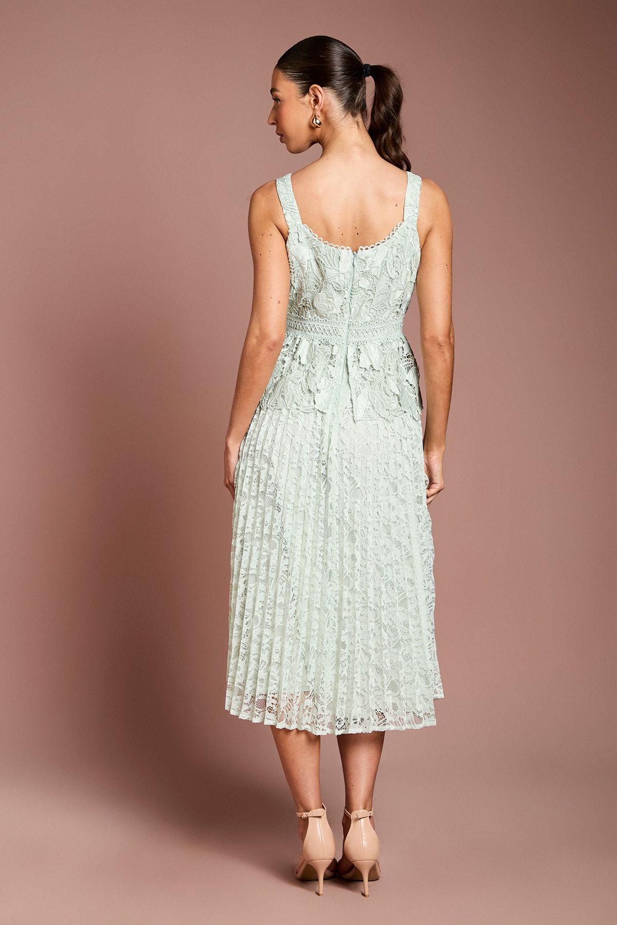 Coast Coast Women's Lace Peplum Detail Pleated Midi Dress in Sage - 3