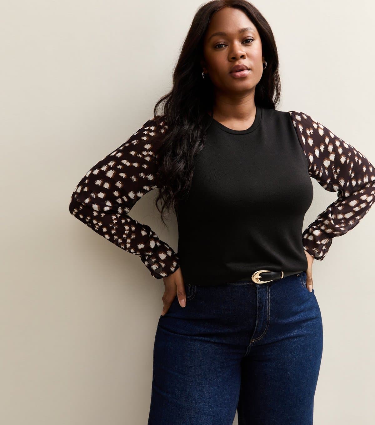 New Look Women's Plus Size Black Soft Touch Printed Long Sleeve Top Curves New Look