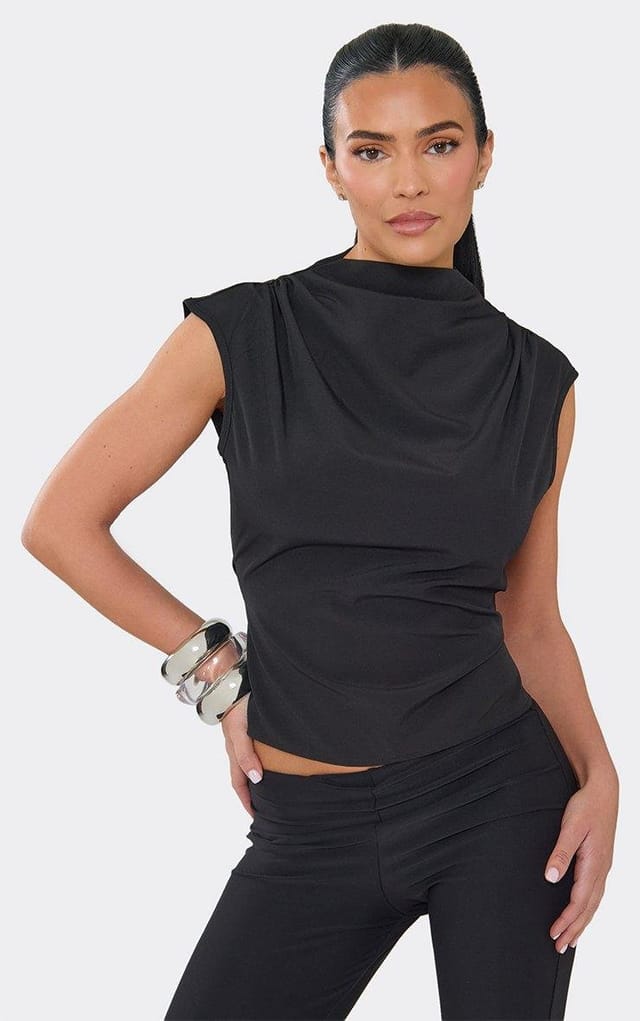 EGO High Neck Ruched Cinched Waist Top In Black, Women's Size UK 10 - 2
