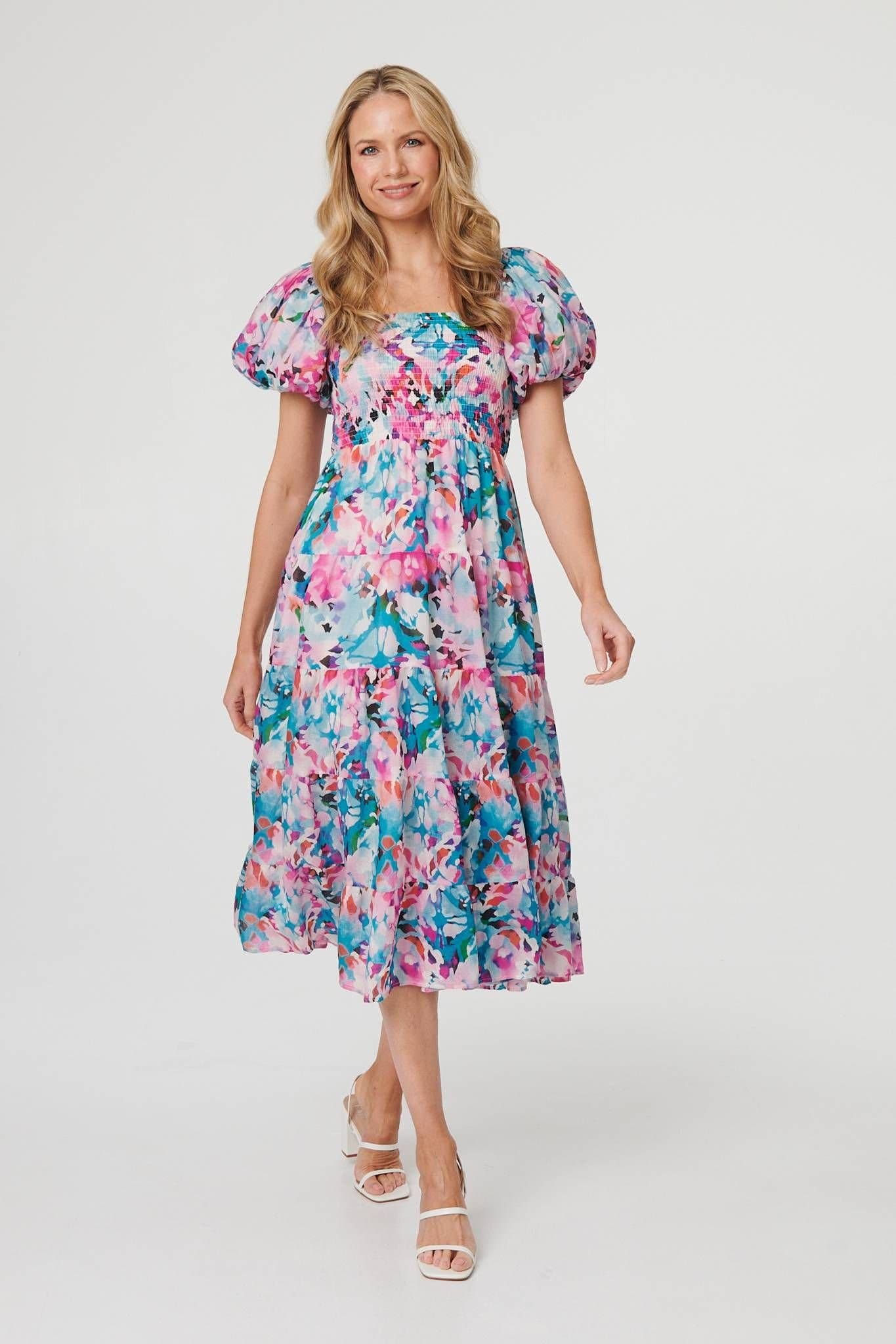 Izabel London Izabel London Women's Abstract Puff Sleeve Shirred Midi Dress in Pink