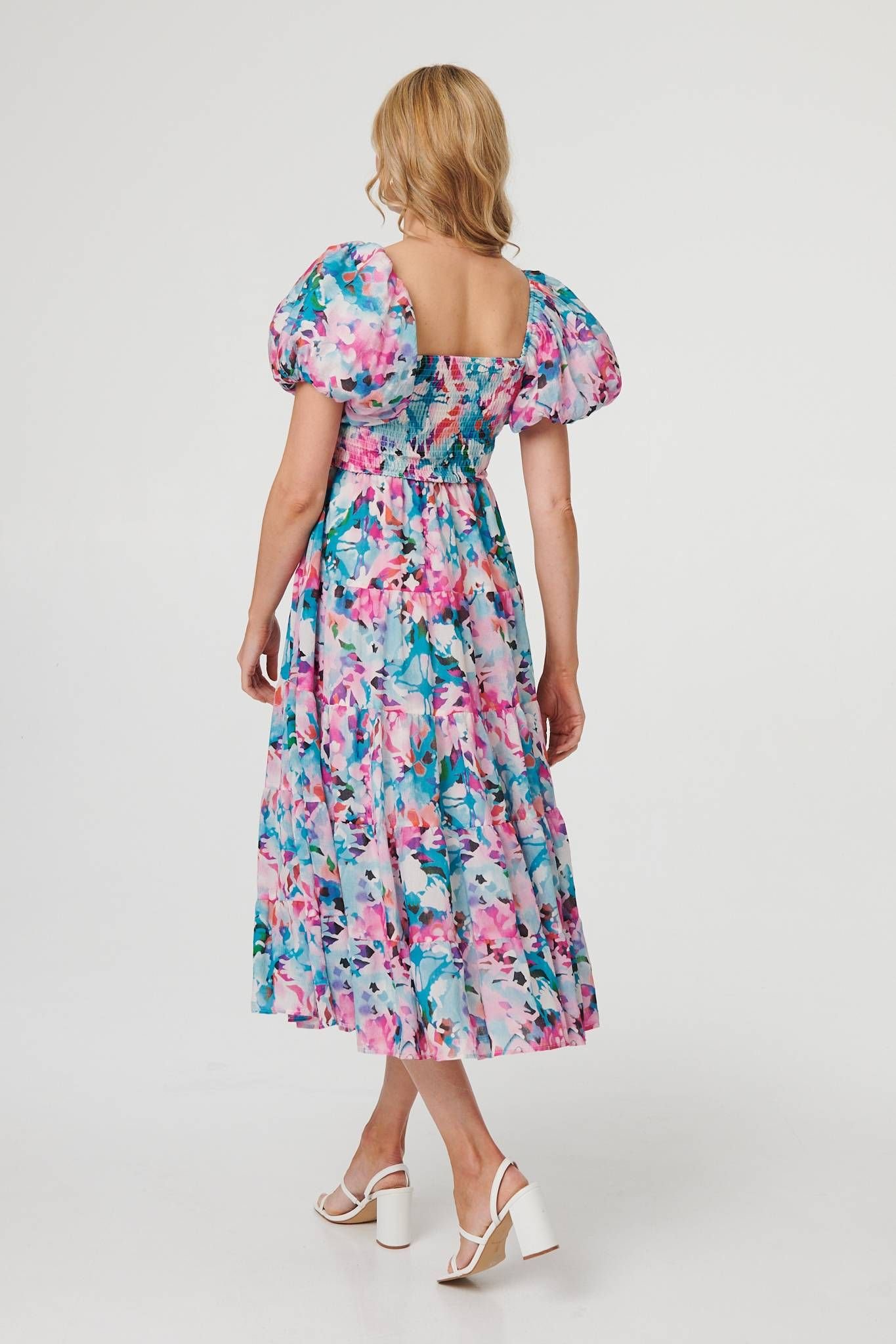 Izabel London Izabel London Women's Abstract Puff Sleeve Shirred Midi Dress in Pink - 3