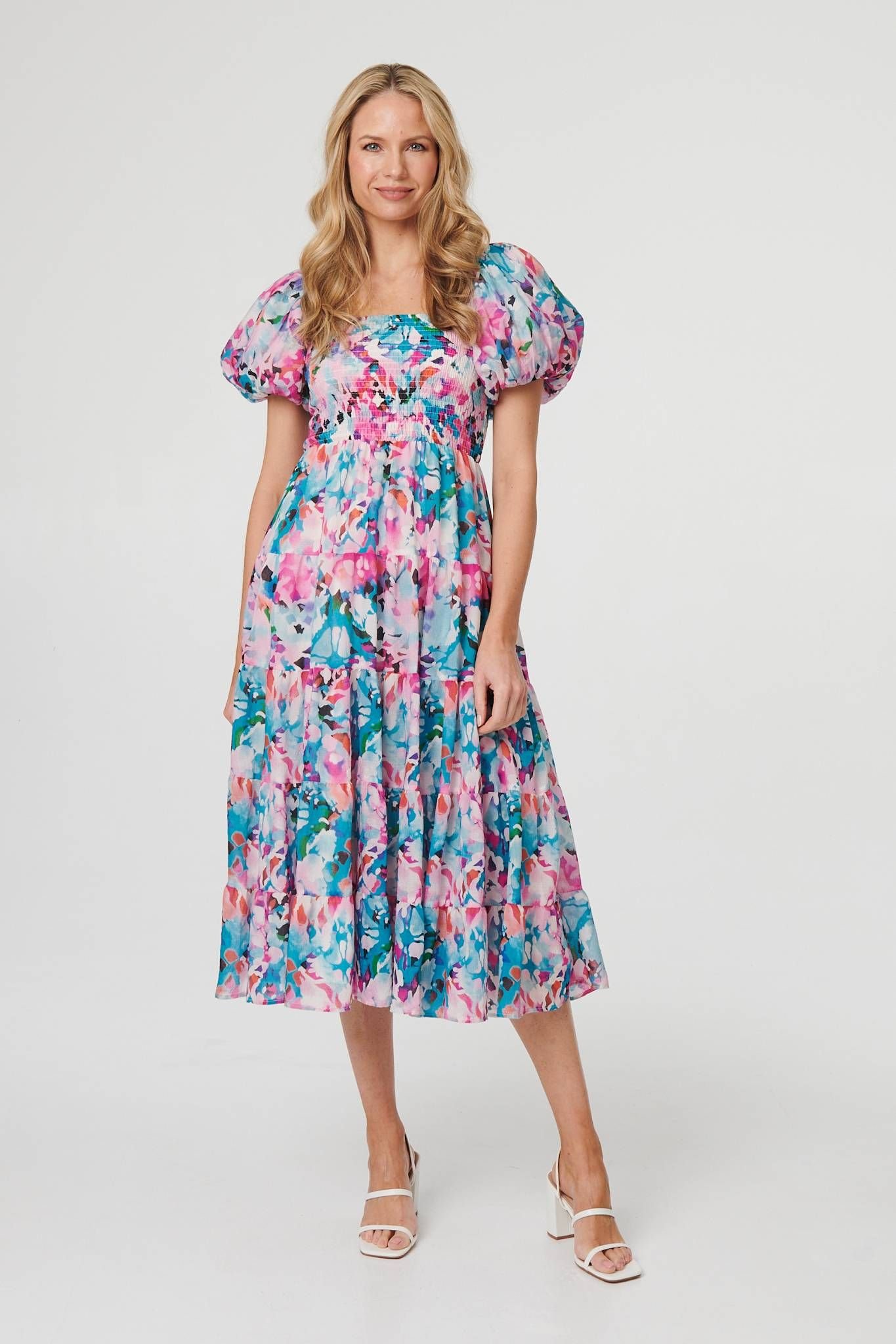 Izabel London Izabel London Women's Abstract Puff Sleeve Shirred Midi Dress in Pink - 4