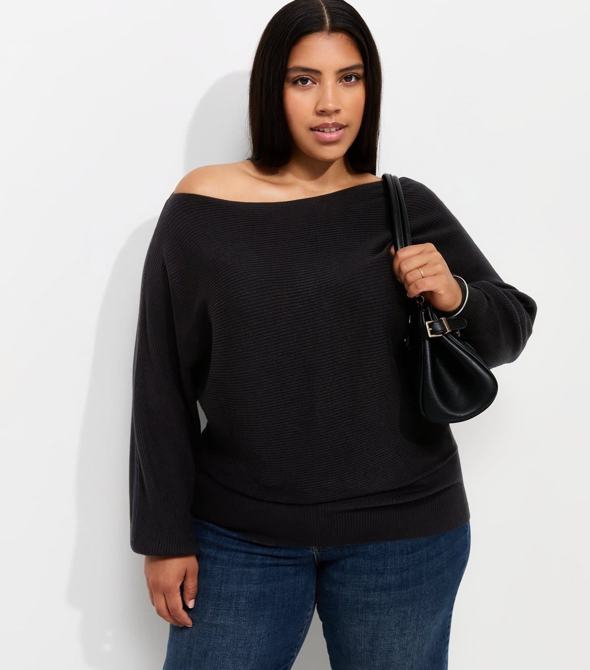 New Look Women's Plus Size Black Ribbed Knit Slash Neck Batwing Sleeve Top Curves New Look