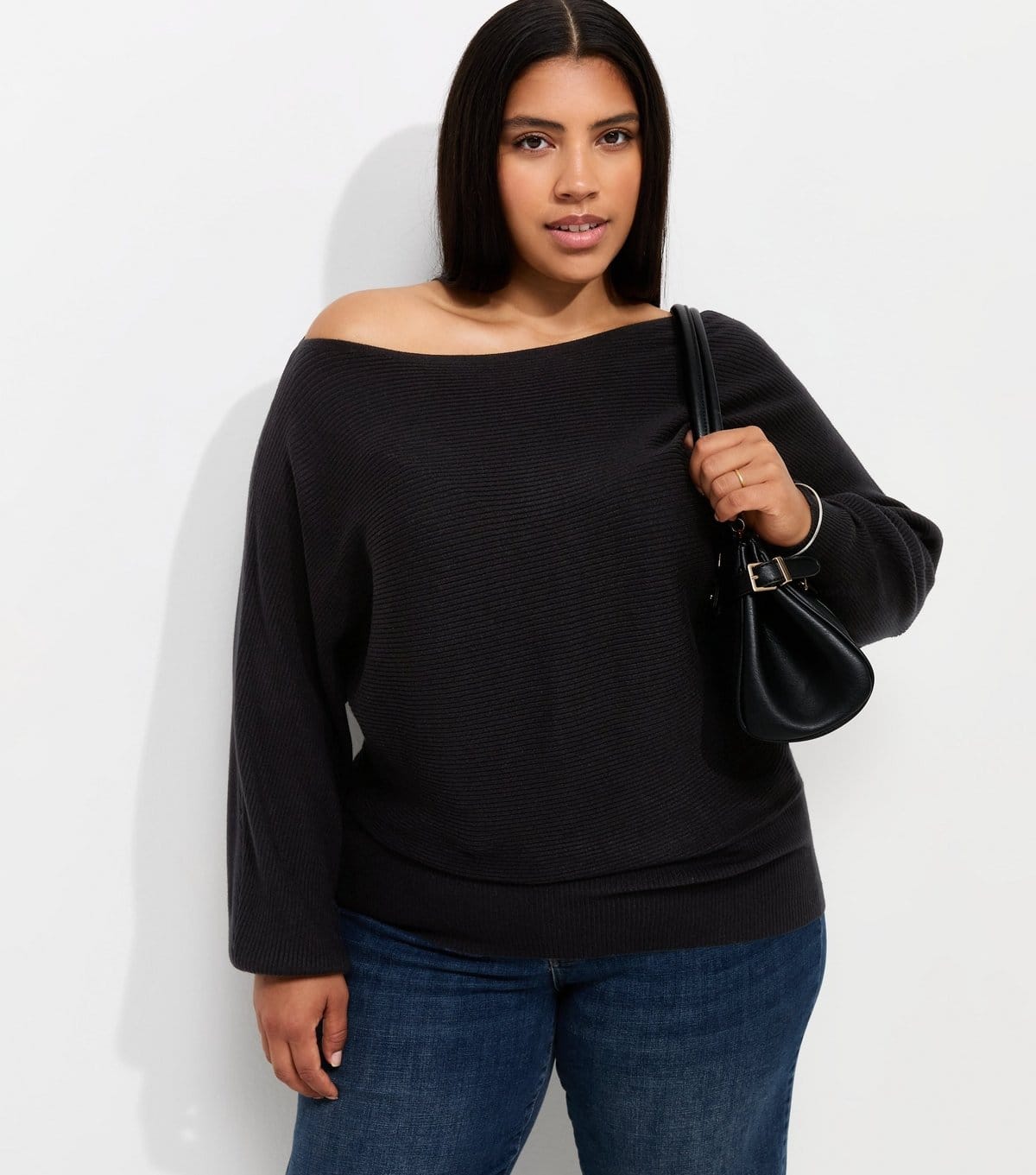 New Look Plus Size Black Ribbed Knit Slash Neck Batwing Sleeve