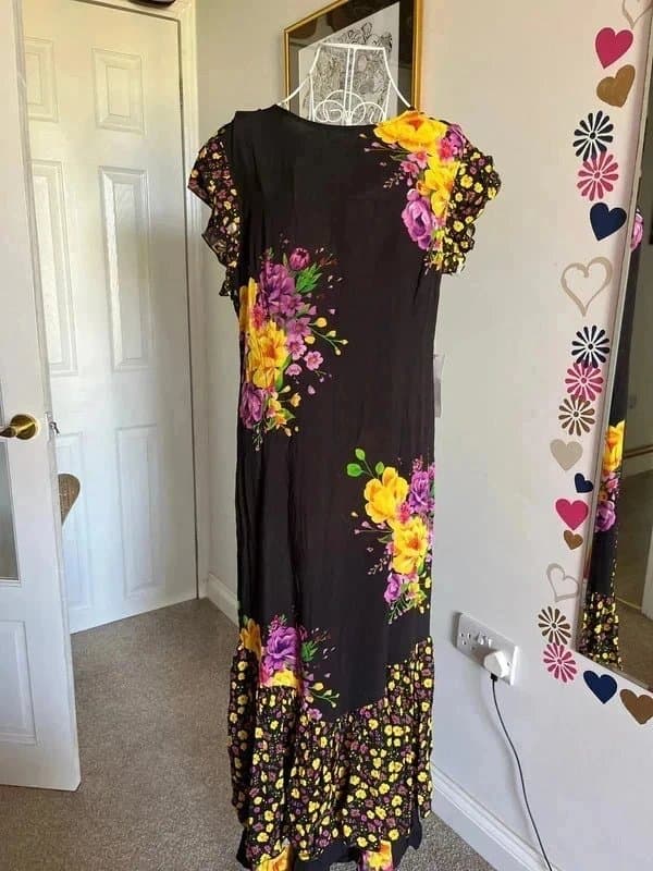 Never Fully Dressed Never fully dressed black Frida floral Spanish inspired summer dress size 16 BNWT