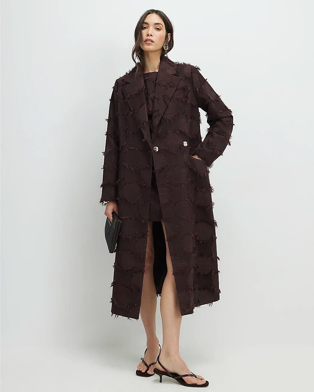 River Island River Island Womens Brown Fringe Jacquard Longline Duster Coat