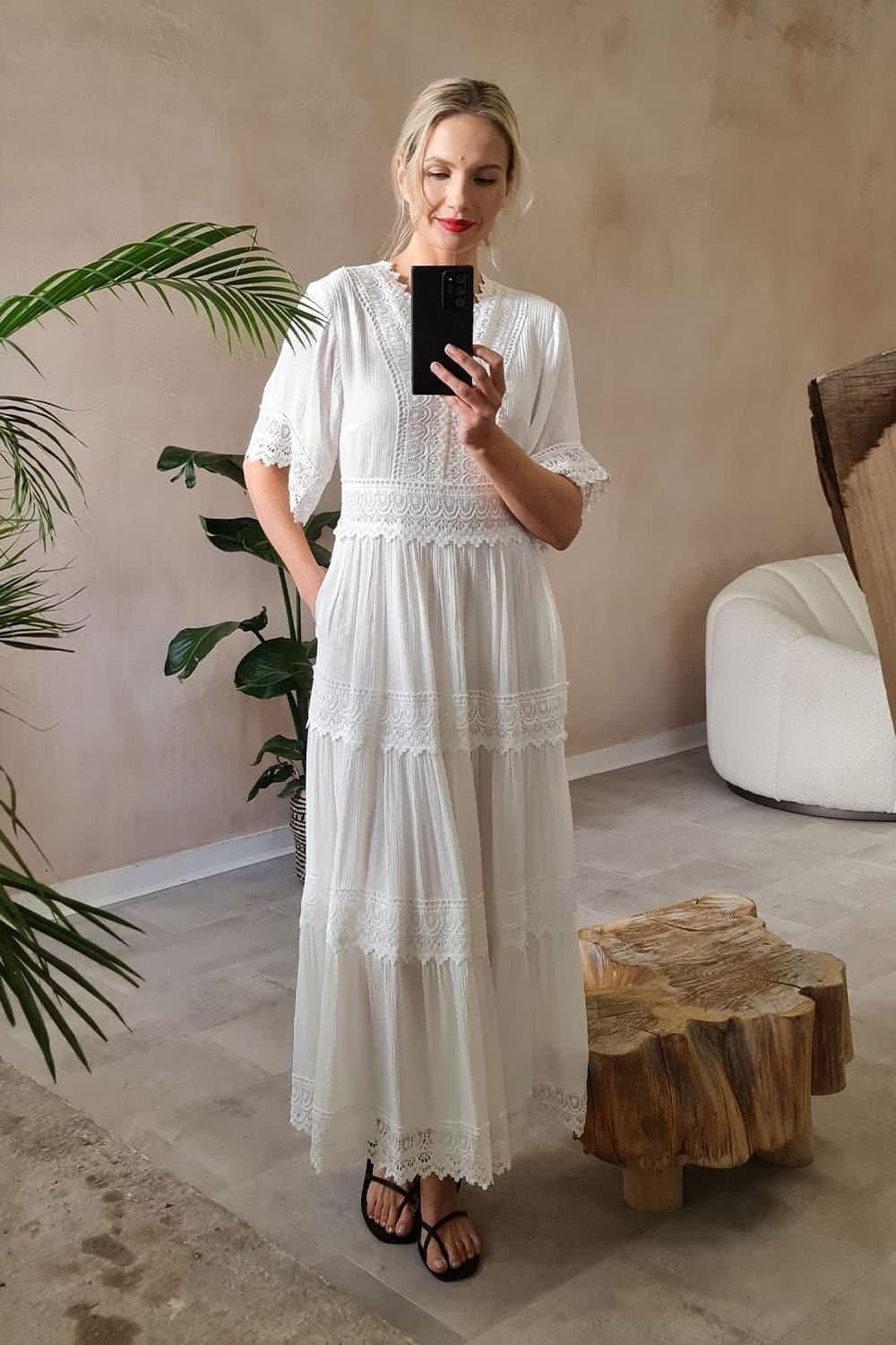 Izabel London Izabel London Women's Short Sleeve Crochet Maxi Dress in White