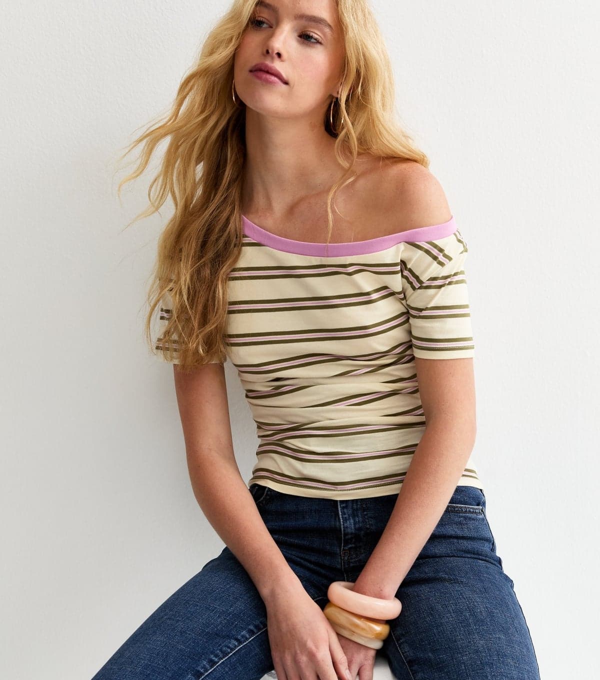 New Look Women's Cream Striped Off the Shoulder T-Shirt New Look