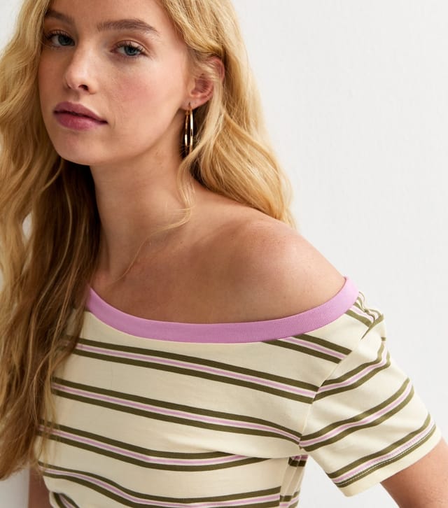 New Look Women's Cream Striped Off the Shoulder T-Shirt New Look - 2