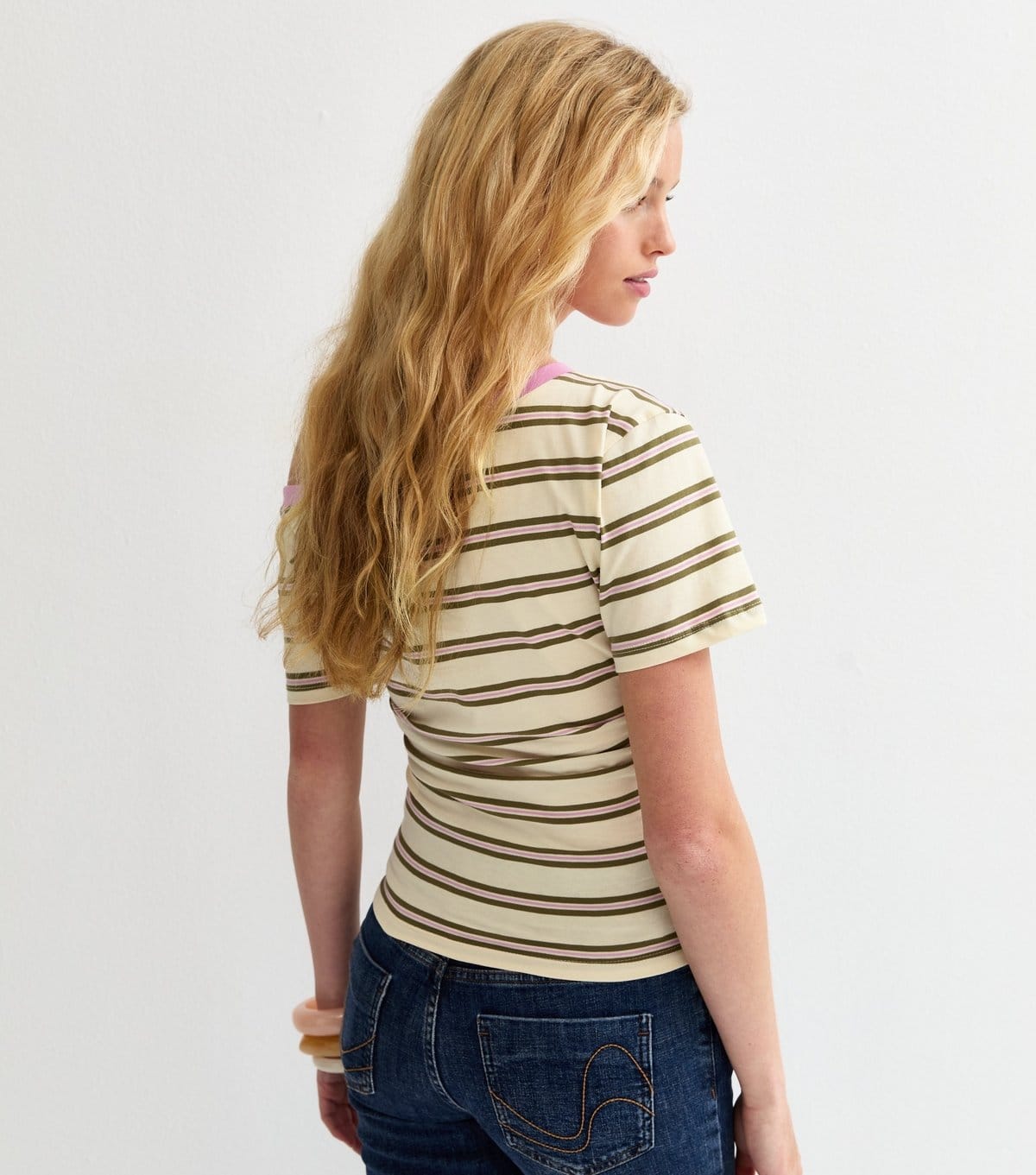 New Look Women's Cream Striped Off the Shoulder T-Shirt New Look - 4