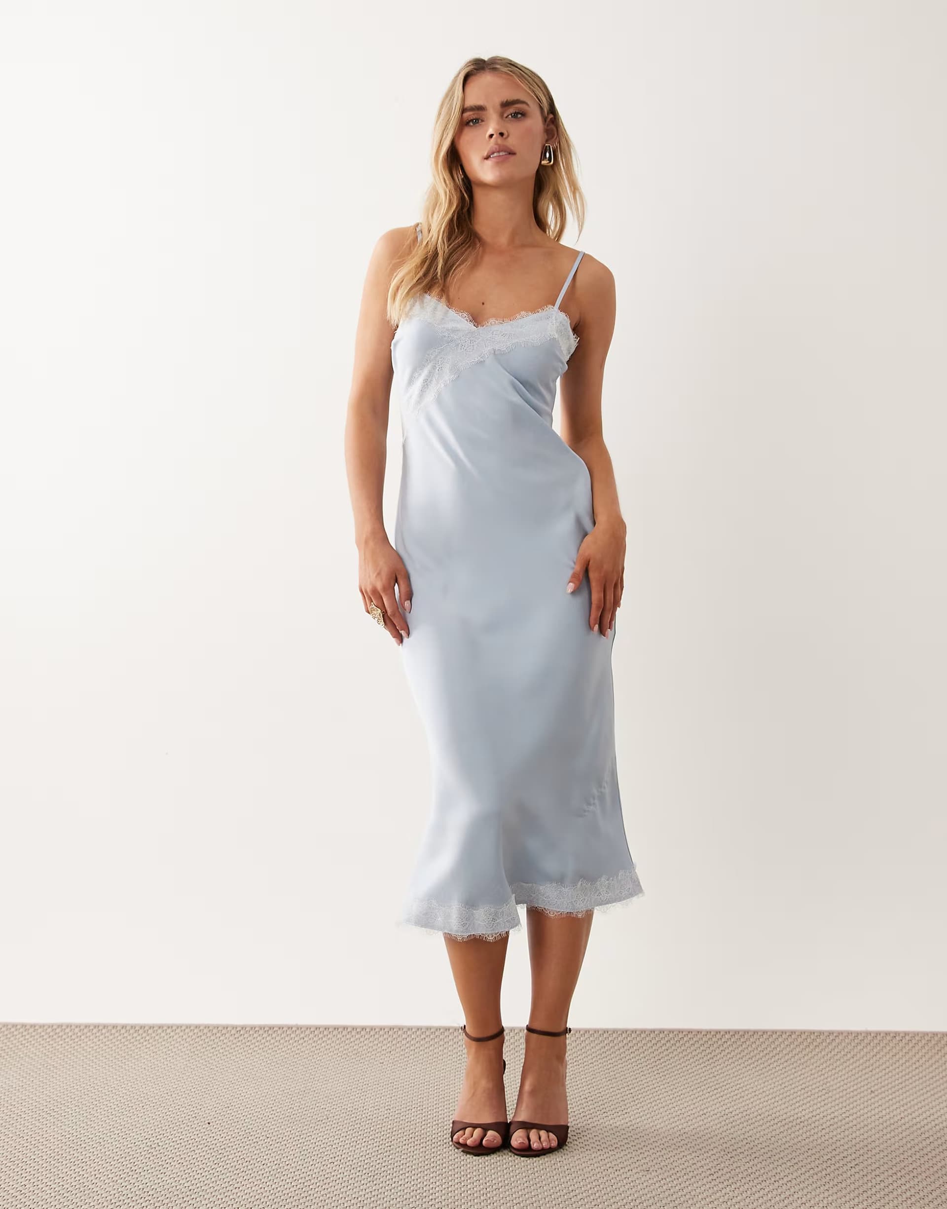 ASOS New Look Petite contrast lace strappy satin midi dress in blue