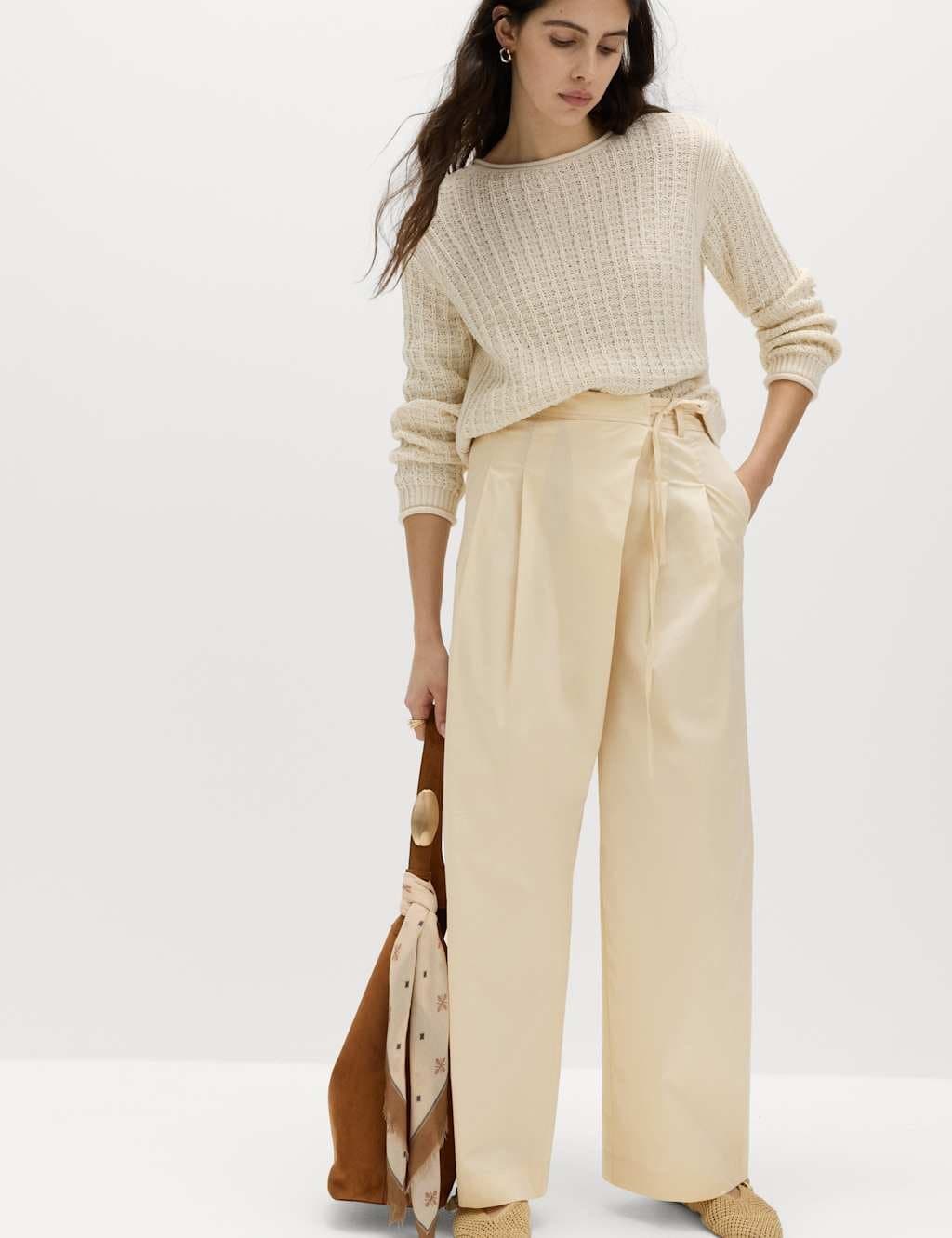 Marks & Spencer M&S Cotton Rich Wrap Tie Wide Leg Trousers Ecru
