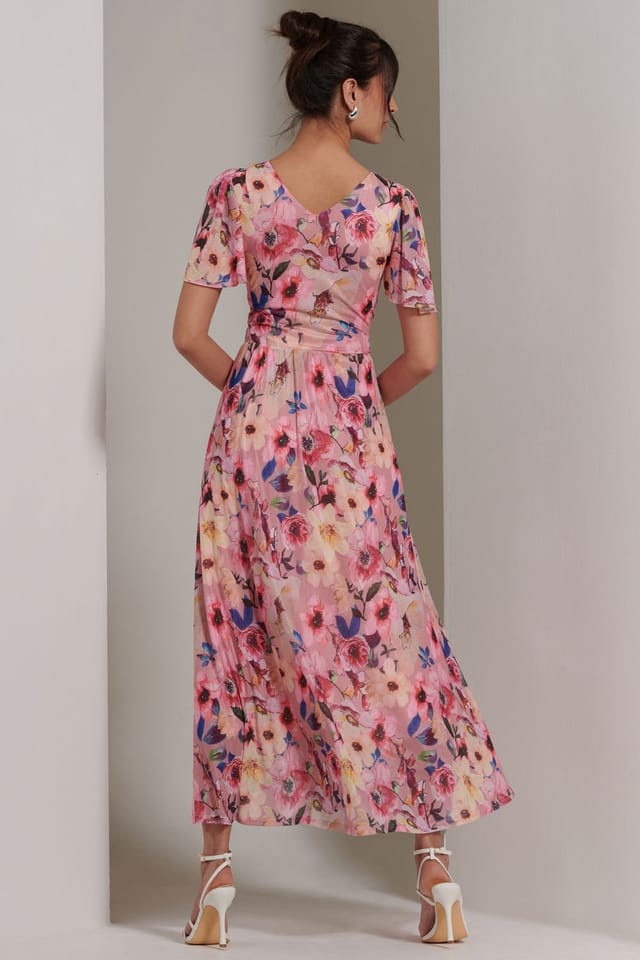 Jolie Moi Jolie Moi Women's Evelyn Angel Sleeve Mesh Maxi Dress in Pink - 2
