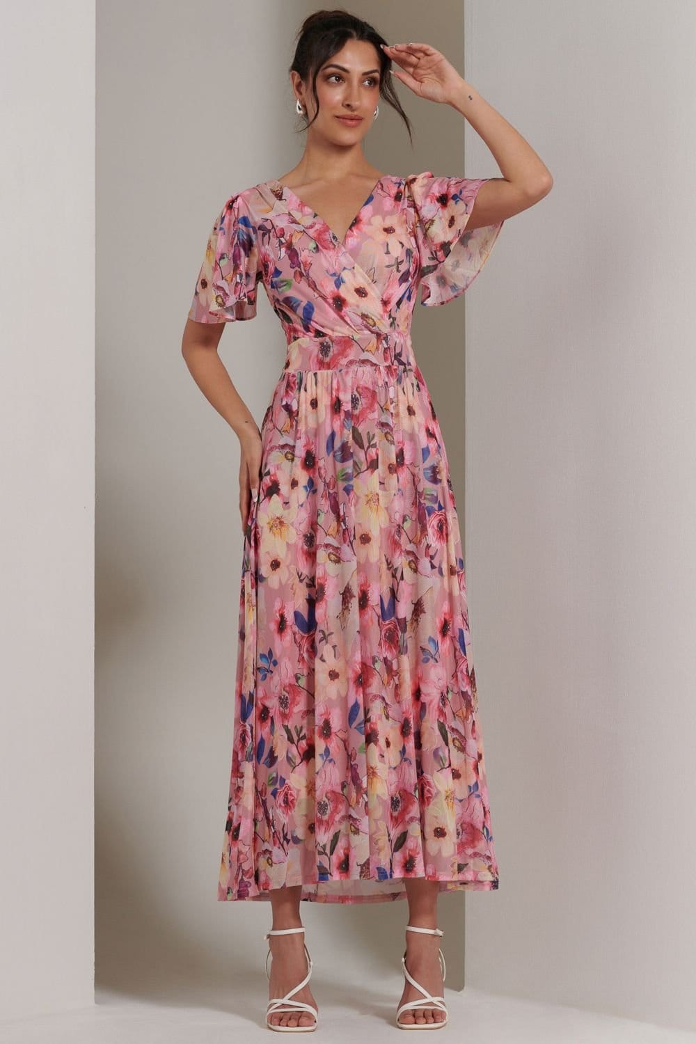 Jolie Moi Jolie Moi Women's Evelyn Angel Sleeve Mesh Maxi Dress in Pink - 4