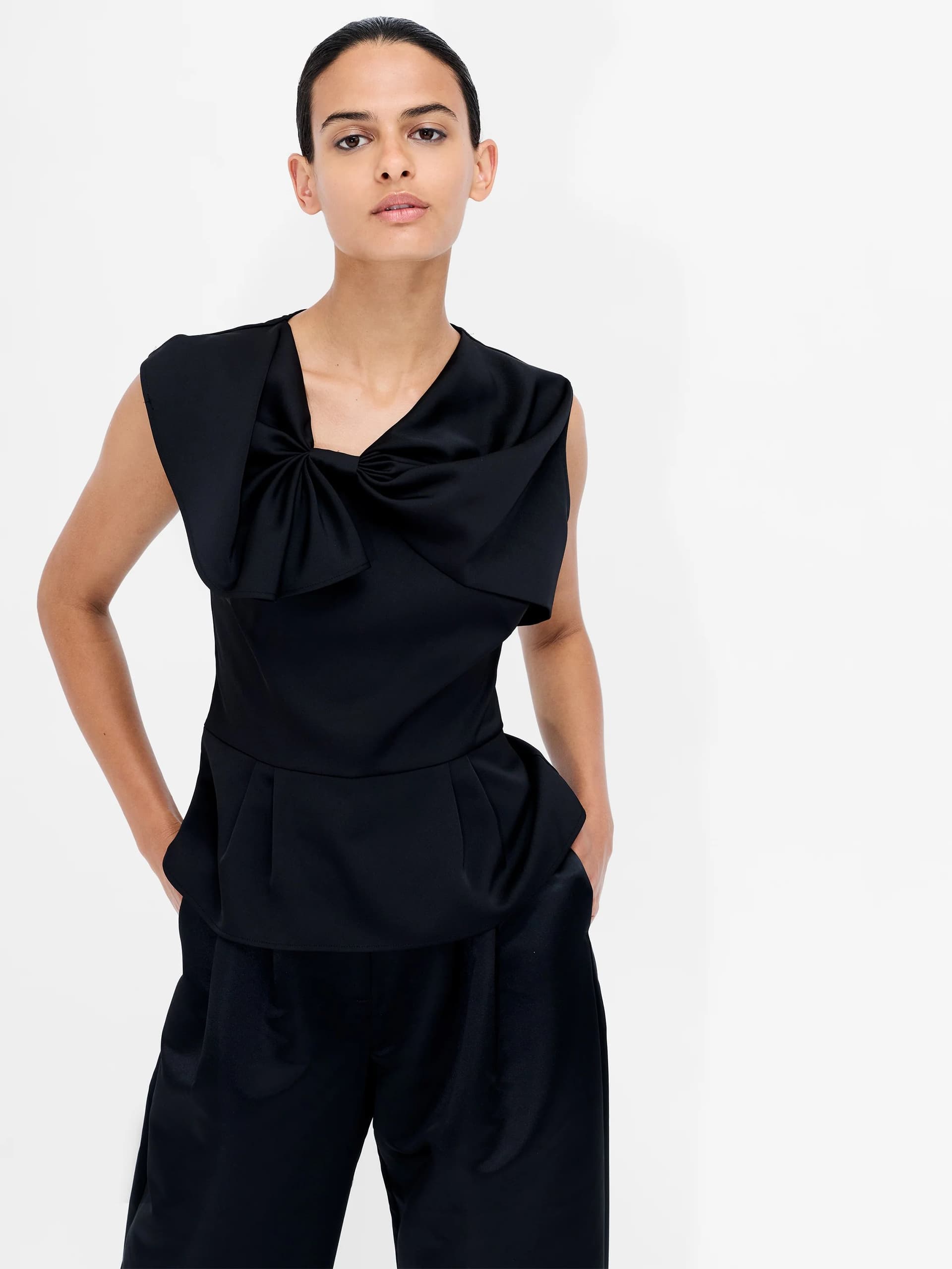 French Connection Fenix Black Satin Big Bow Peplum Top Black
