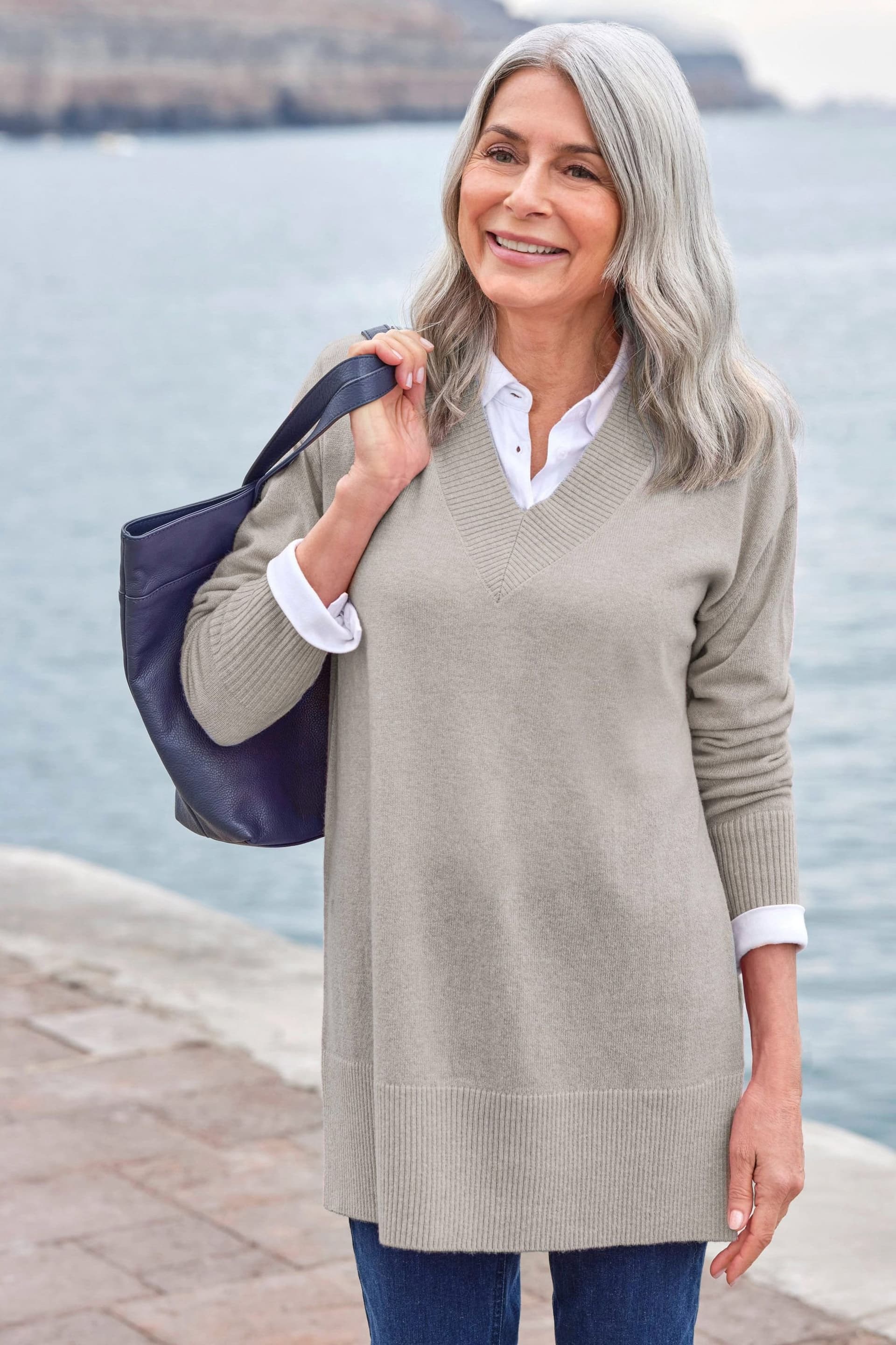 WoolOvers WoolOvers Women's Cashmere Merino Deep V Neck Tunic in Light Grey