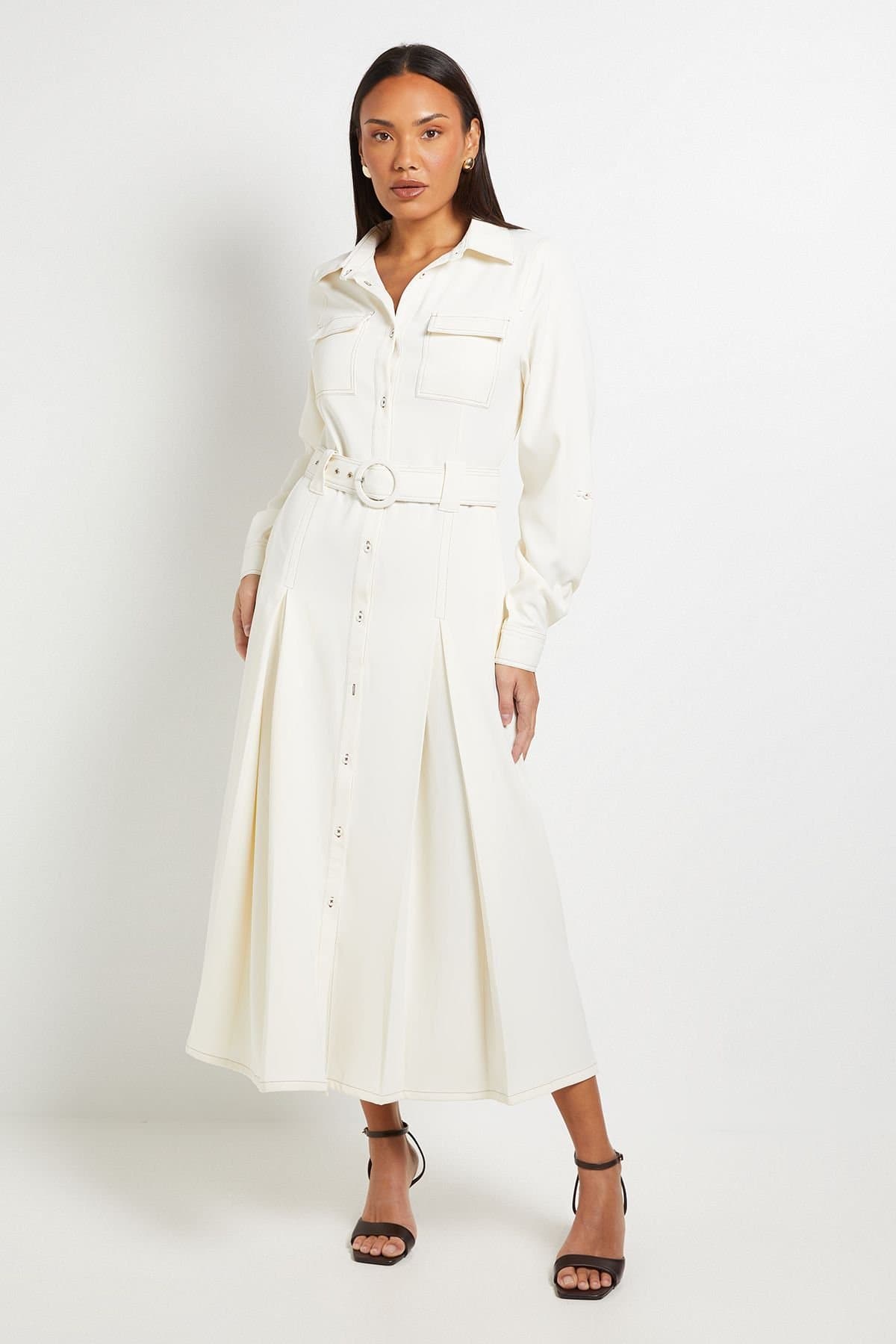 Principles Principles Women's Contrast Stitch Belted Utility Dress in Ecru
