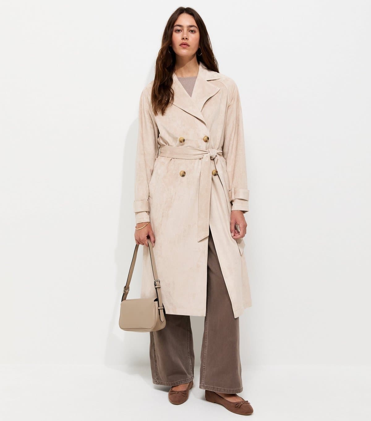 New Look Women's Stone Faux Suede Double Breasted Trench Coat New Look
