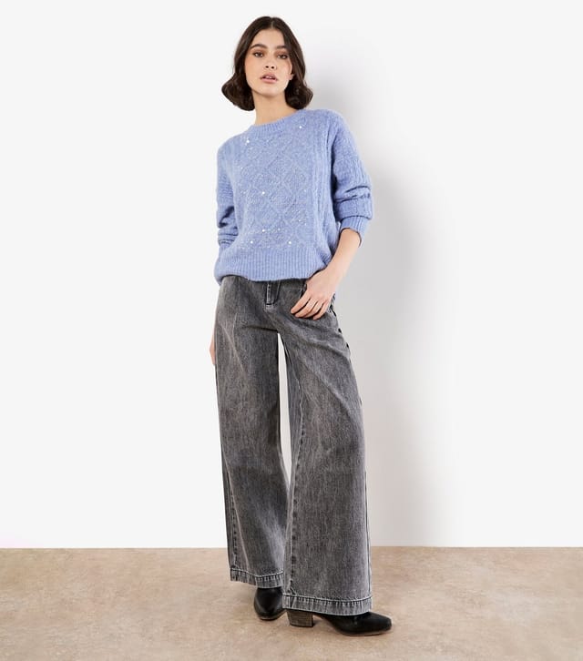 Apricot Women's Pale Blue Cable Knit Sequin Panel Jumper Apricot New Look - 2