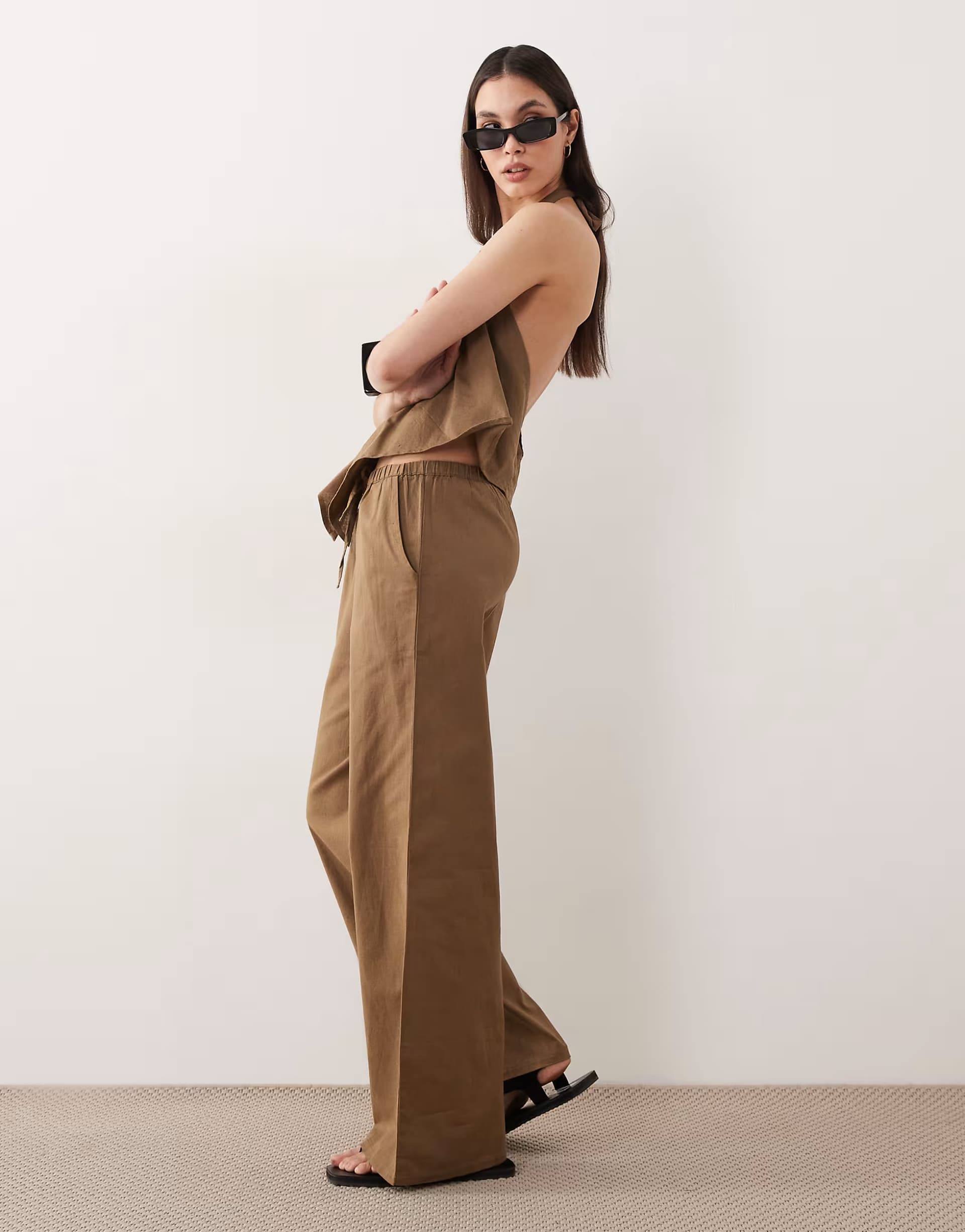 ASOS Esmee tie front beach trouser co-ord in khaki brown