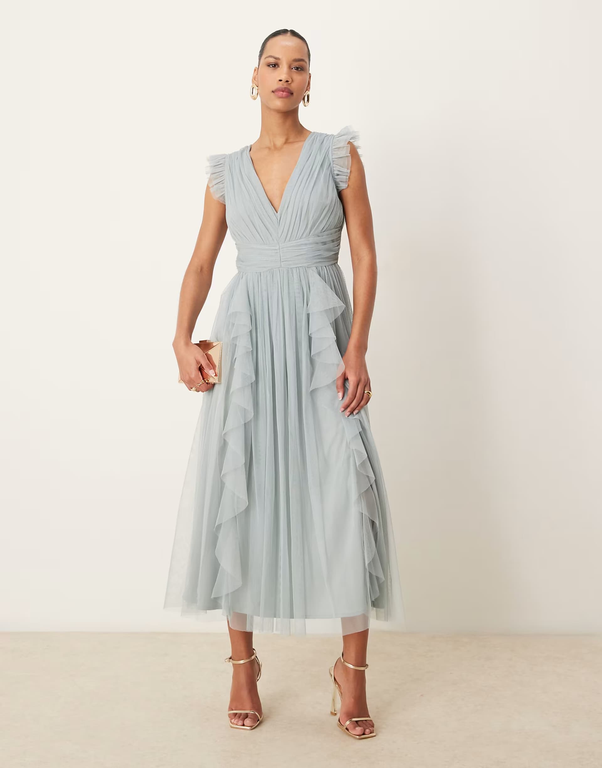 ASOS Anaya V neck waterfall midaxi dress in cloud blue
