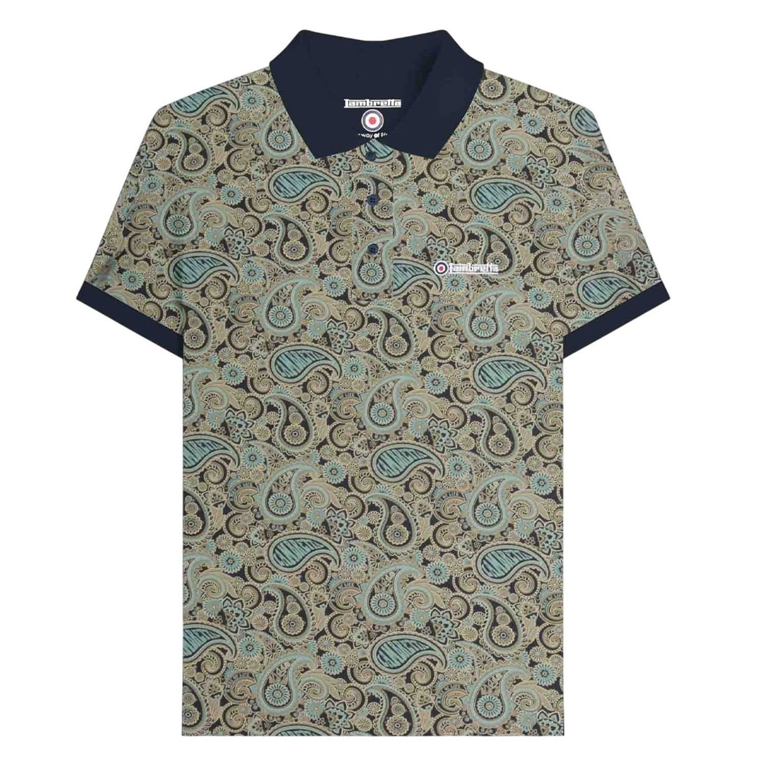 Lambretta Lambretta Men's SS25 Paisley Branded Polo Shirt in Duck Egg Blue