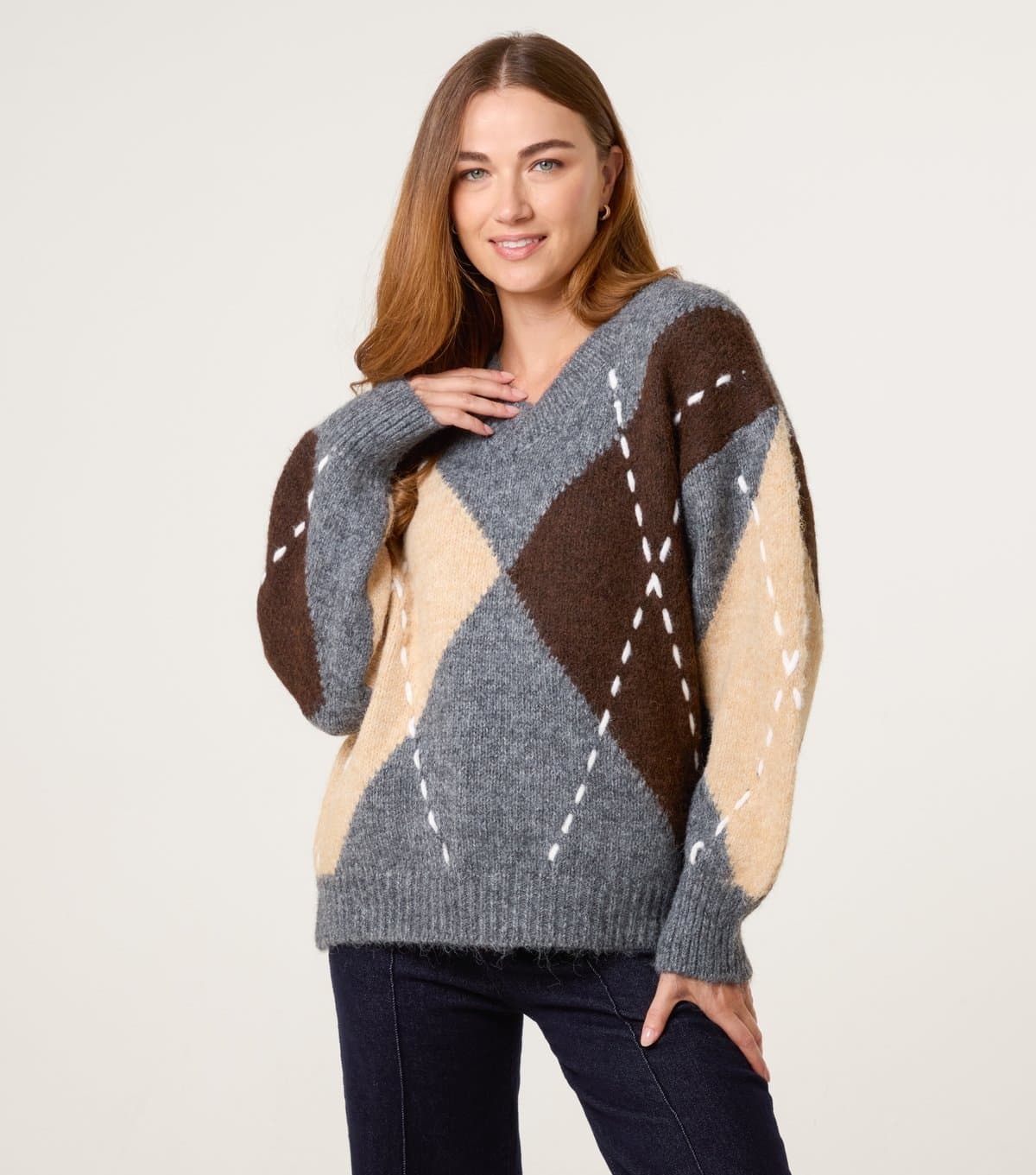 Blue Vanilla Women's Grey Argyle Knit Jumper Blue Vanilla New Look