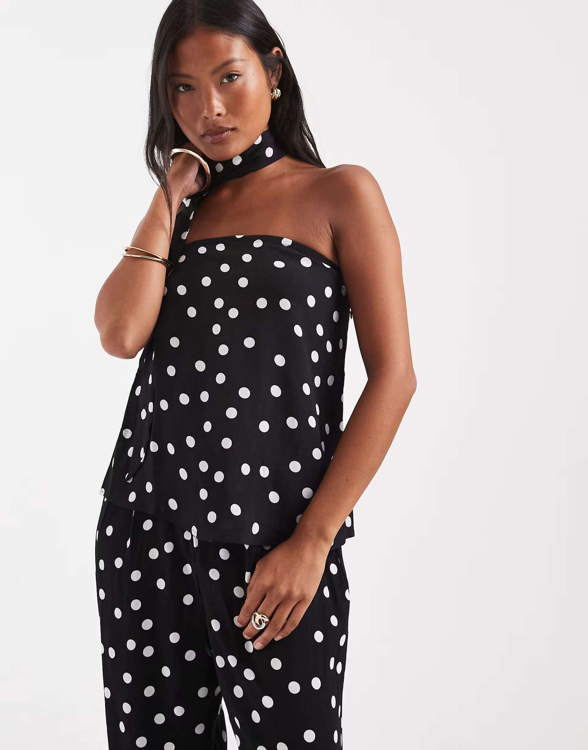 ASOS Vero Moda Petite woven bandeau top with scarf detail co-ord in black and white polka dot