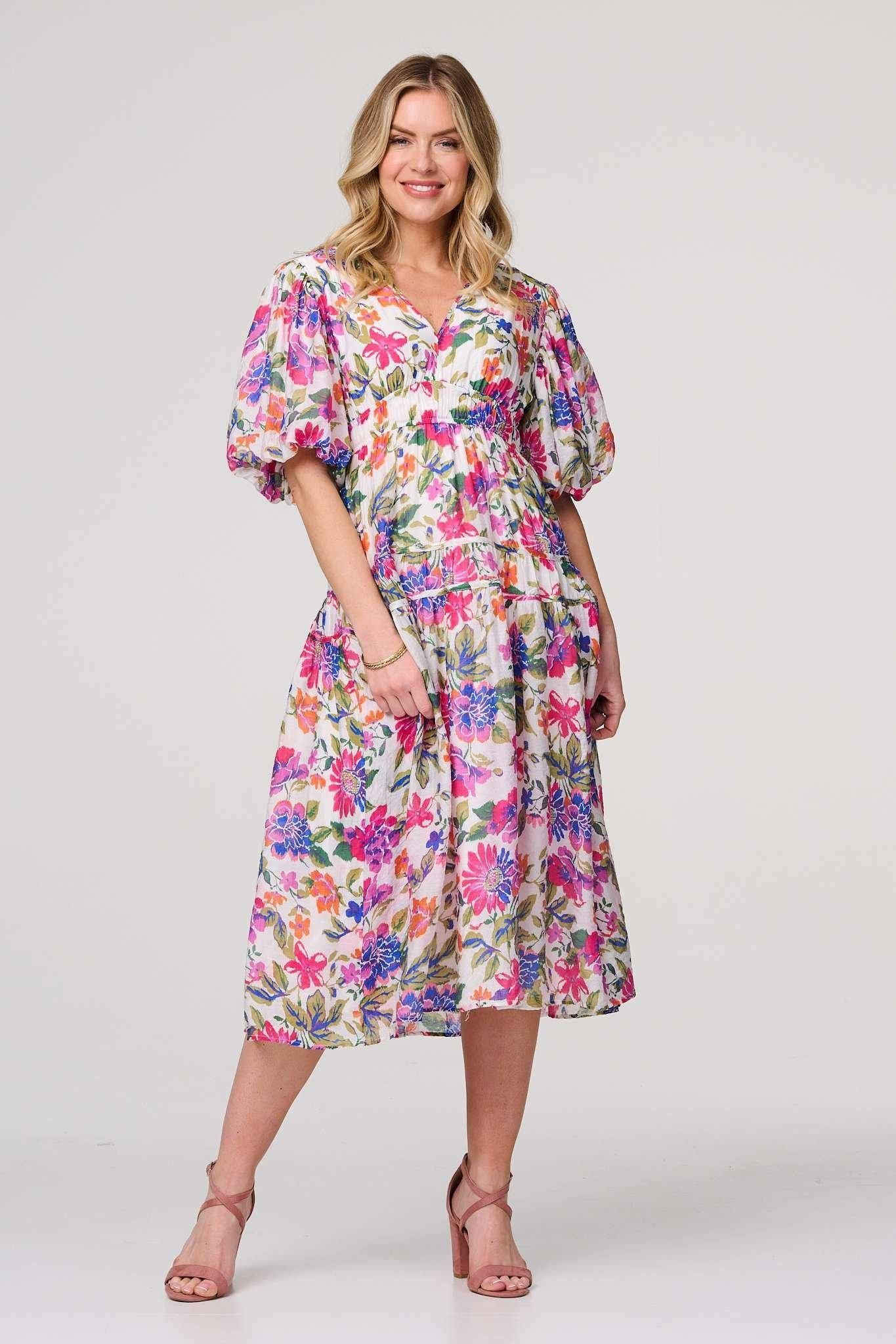 Izabel London Izabel London Women's Floral 1/2 Puff Sleeve Midi Dress in Pink - 4