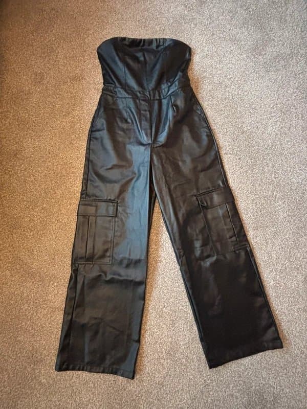 ASOS Black Leather Look Bandeau Jumpsuit with Pockets Cargo Style Size M