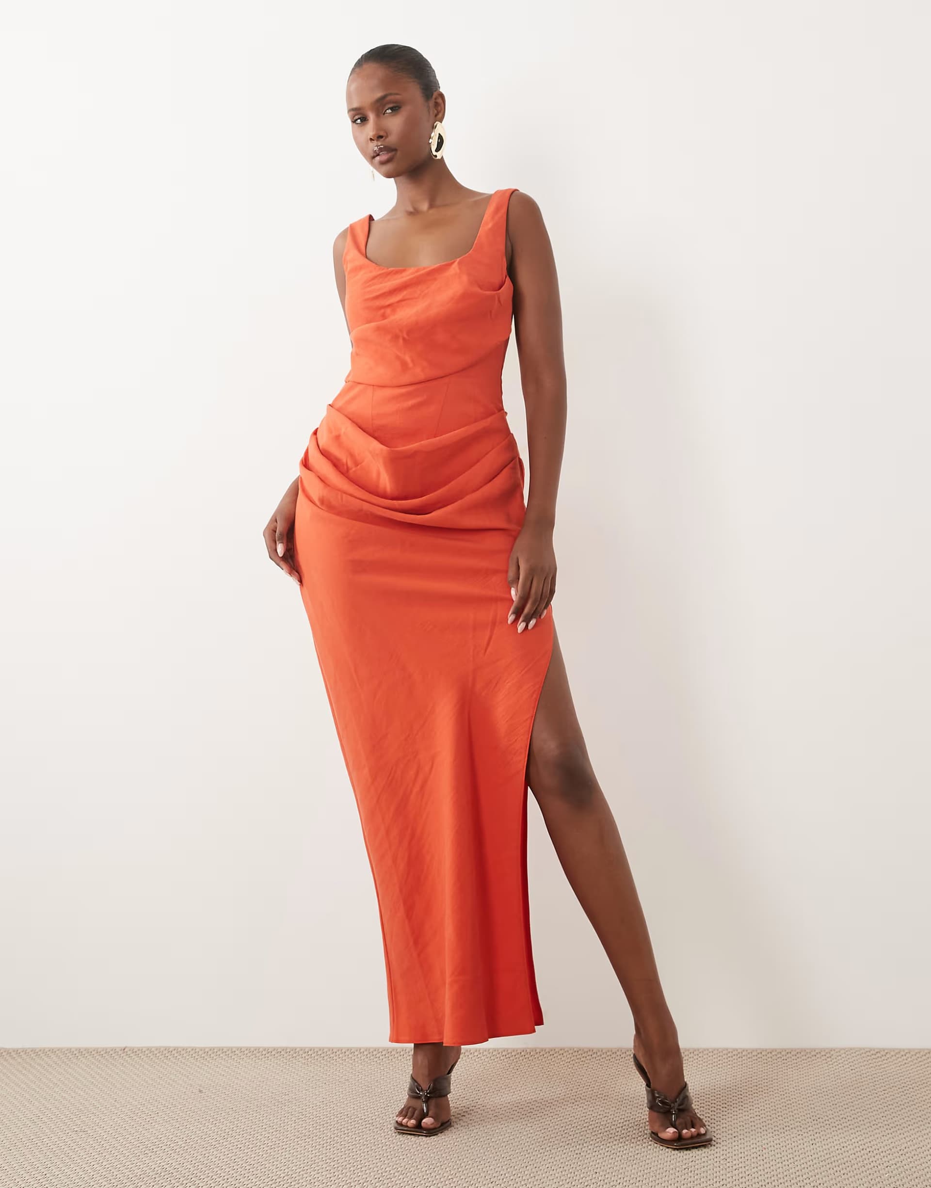 ASOS ASOS DESIGN square neck draped bodice and waist detail maxi dress with side split in orange