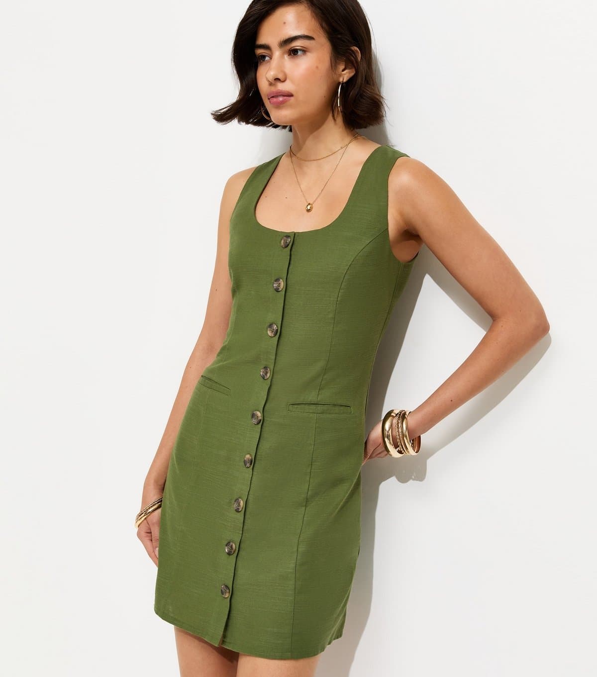 New Look Women's Dark Khaki Cotton Button Through Mini Dress New Look