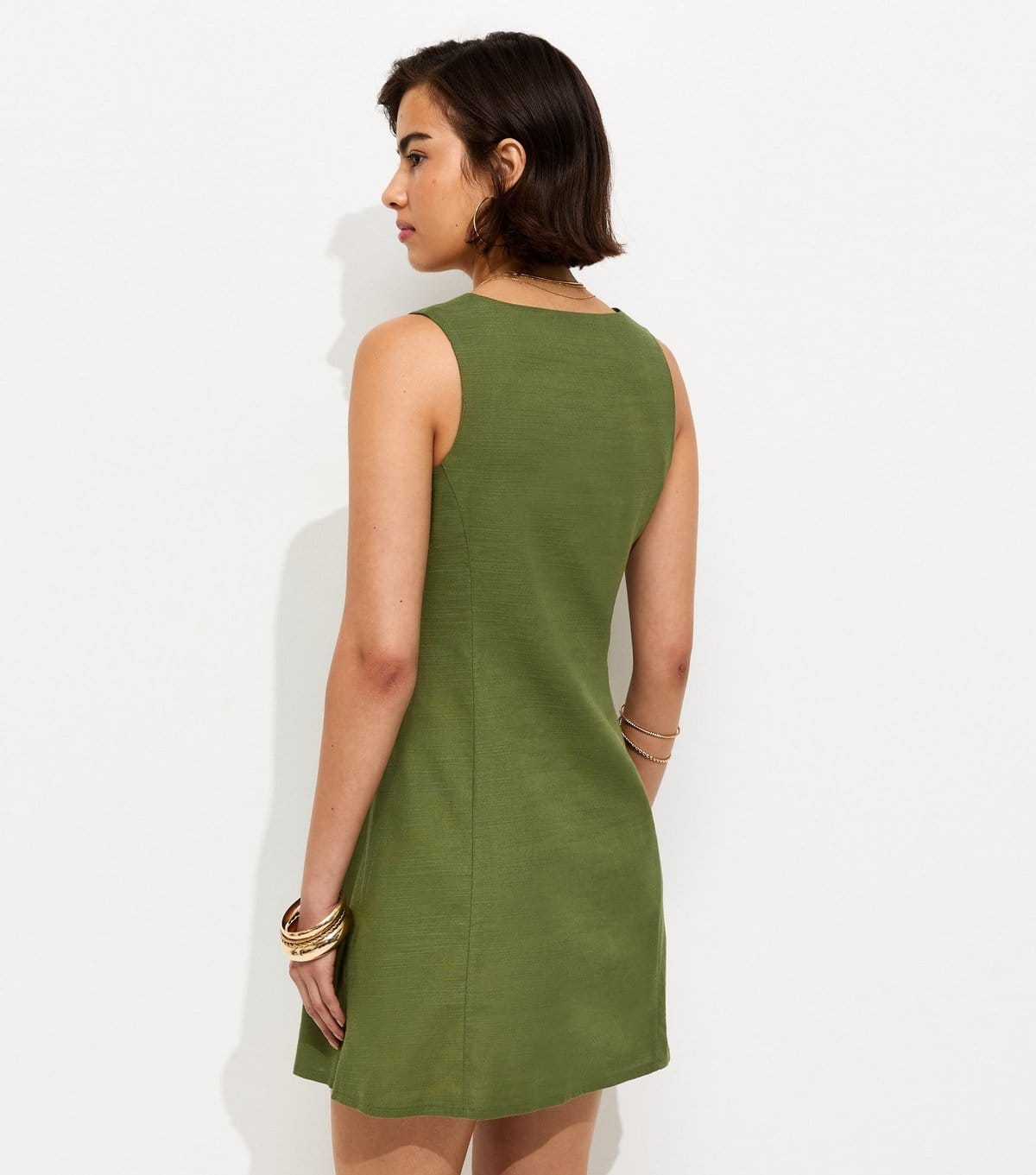 New Look Women's Dark Khaki Cotton Button Through Mini Dress New Look - 4