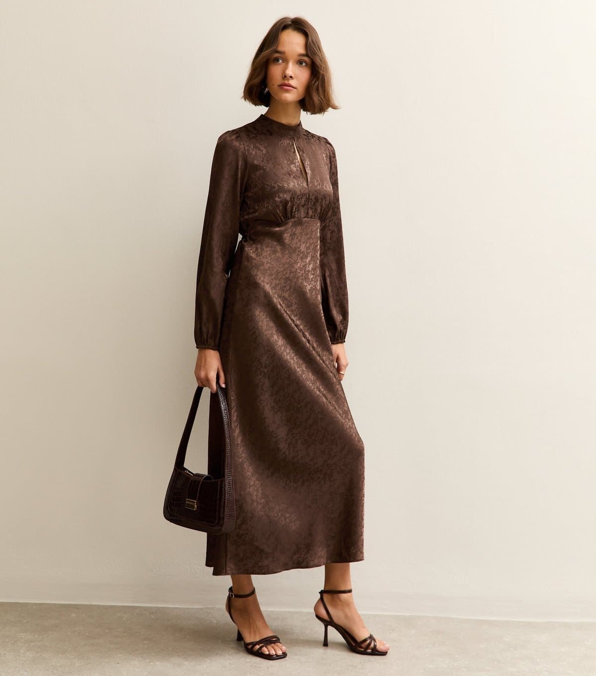 New Look Women's Brown Satin Jacquard Keyhole Neck Midi Dress New Look