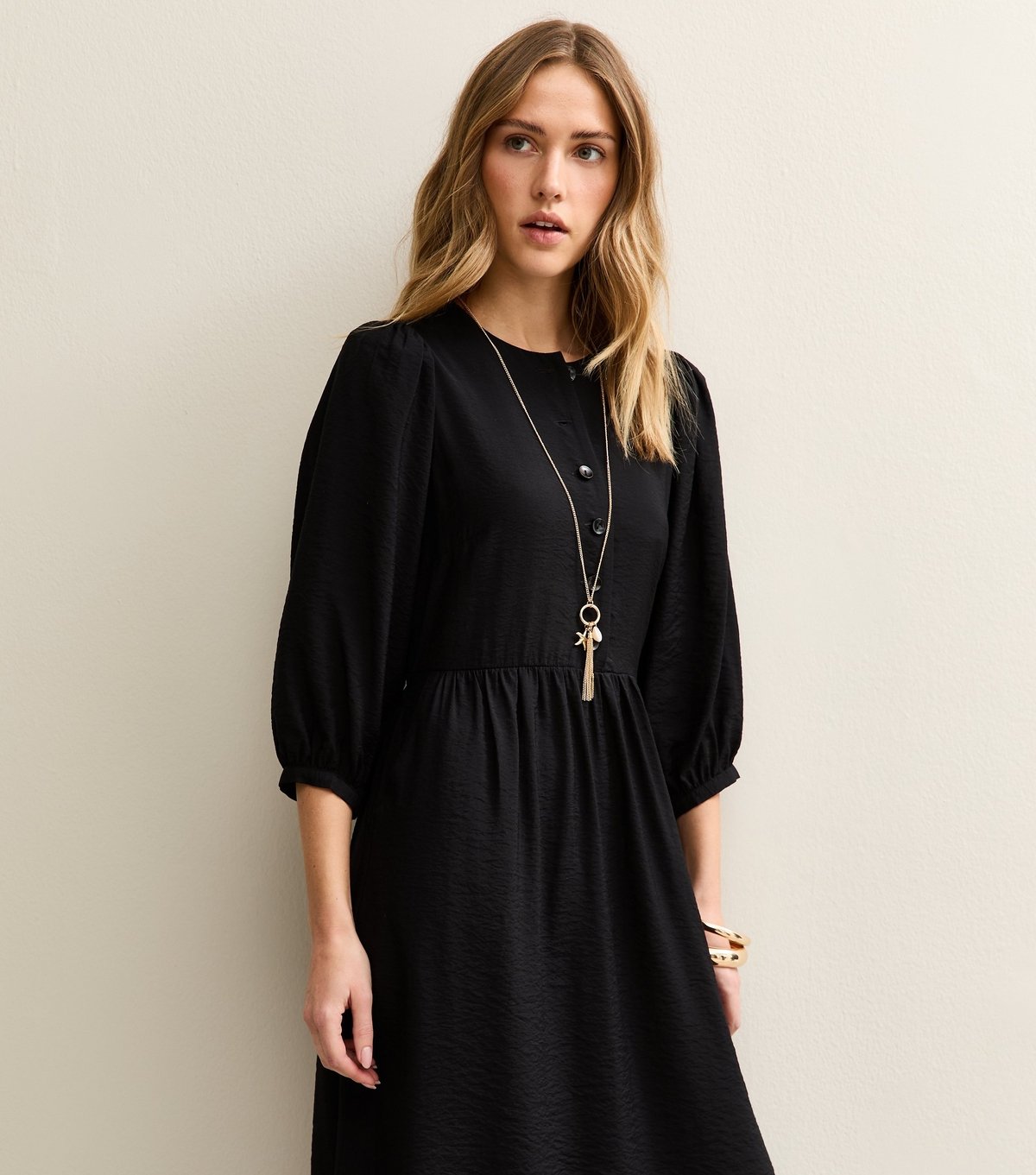 New Look Women's Black Buttoned Cropped Sleeve Midi Dress New Look - 3