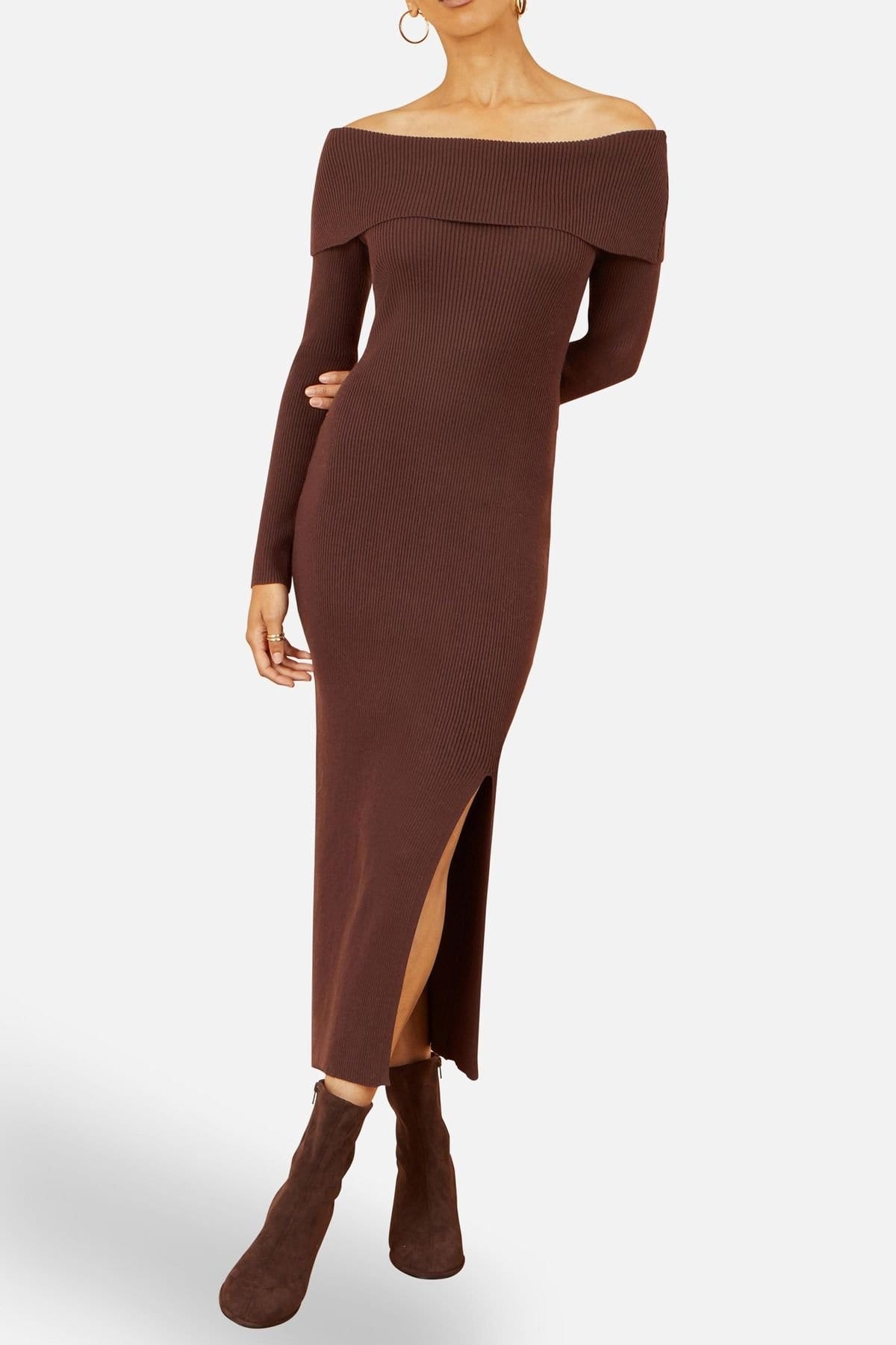 Yumi Yumi Women's Brown Bardot Knitted Fitted Midi Dress - 4