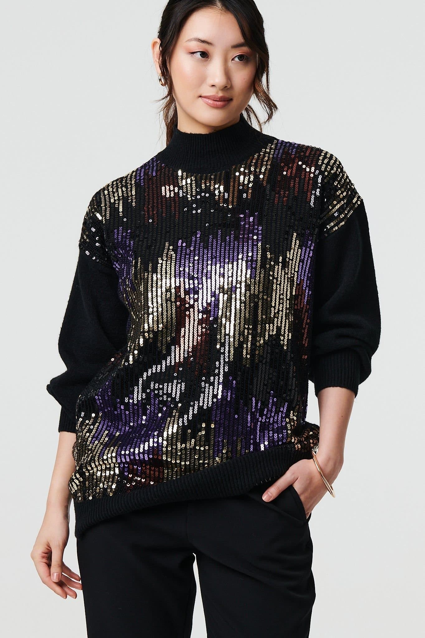 Izabel London Izabel London Women's Sequin Embellished Puff Sleeve Jumper in Black