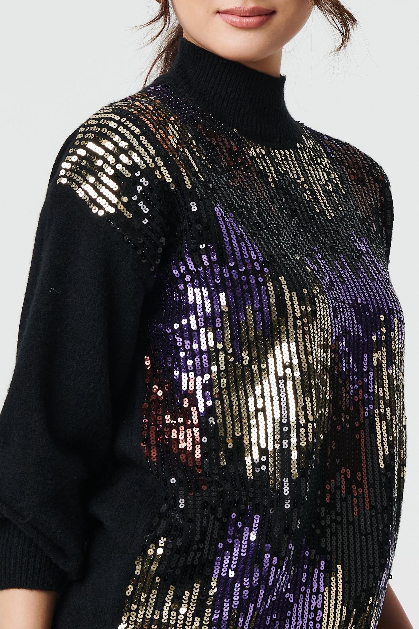 Izabel London Izabel London Women's Sequin Embellished Puff Sleeve Jumper in Black - 2