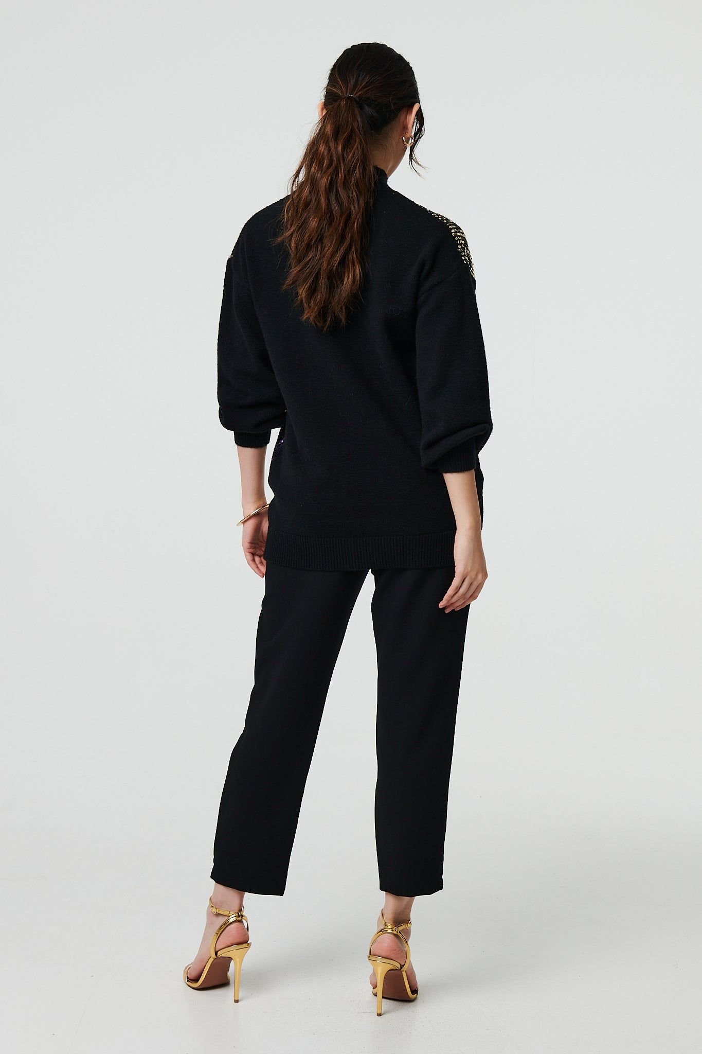 Izabel London Izabel London Women's Sequin Embellished Puff Sleeve Jumper in Black - 3