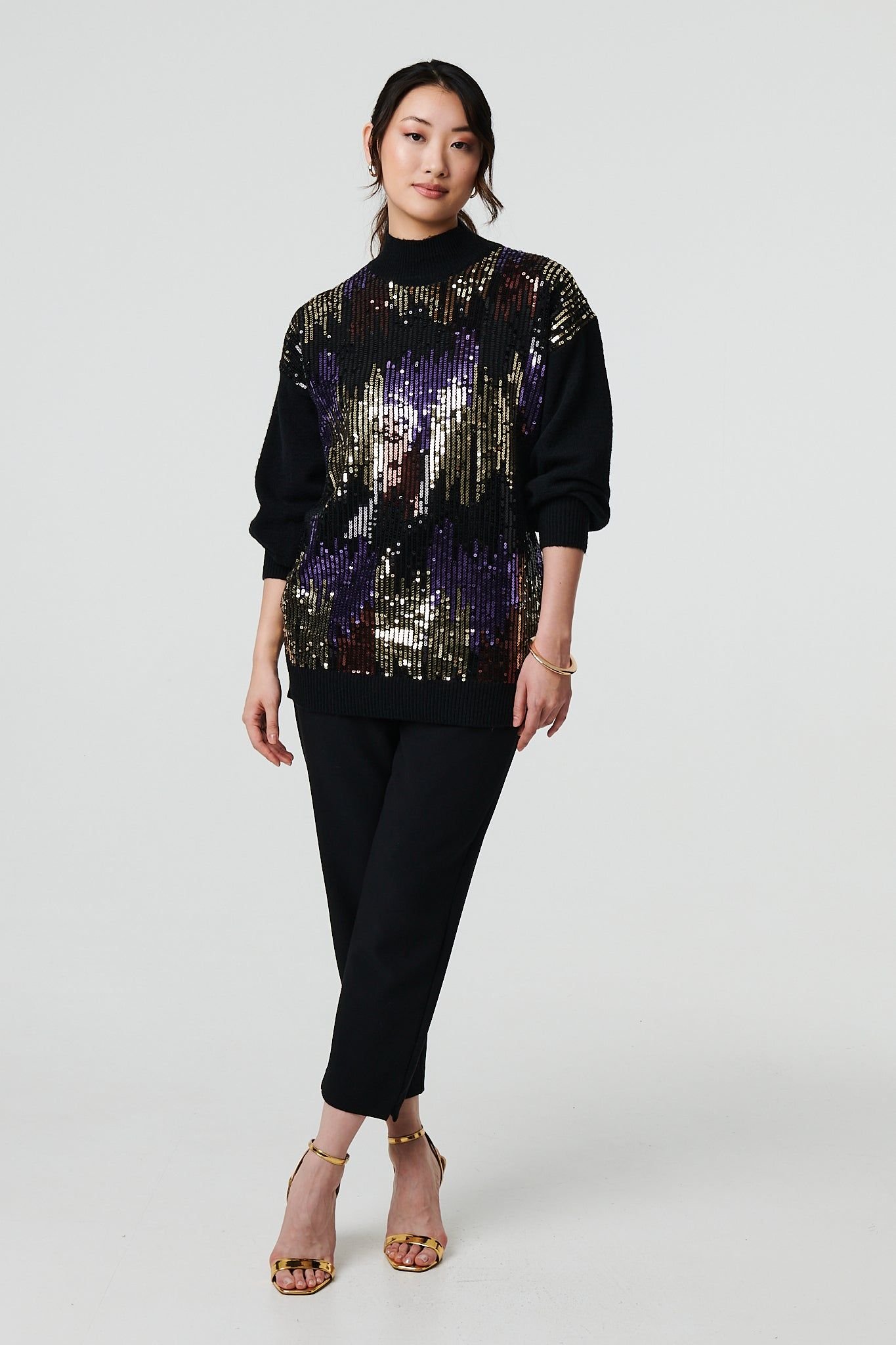 Izabel London Izabel London Women's Sequin Embellished Puff Sleeve Jumper in Black - 4